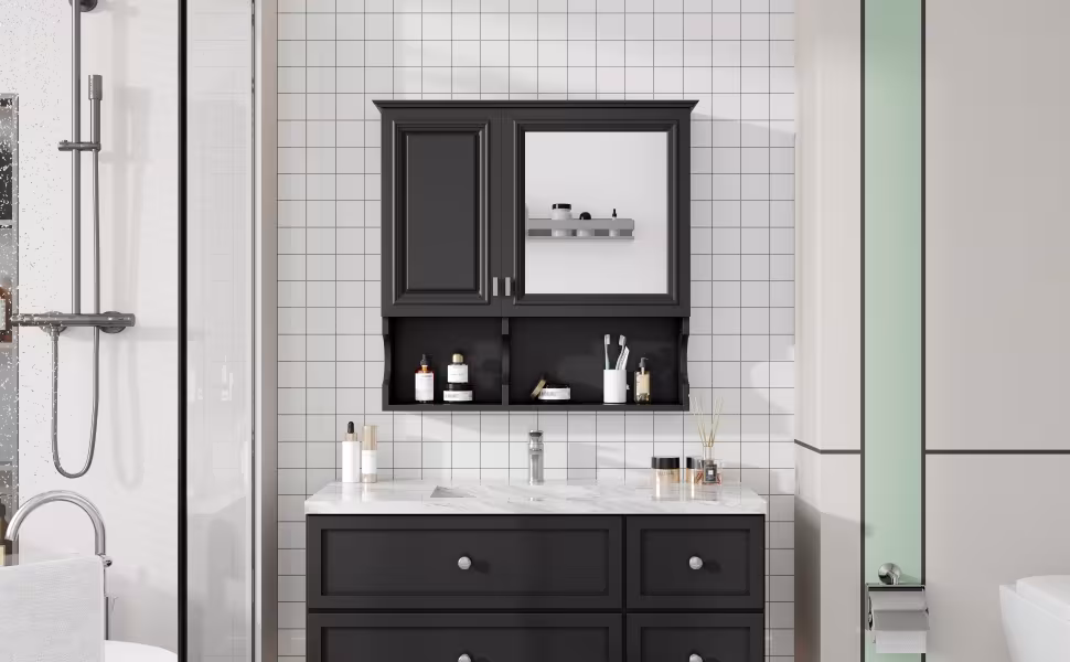 30 Inch Mirror Medicine Cabinet With Open Shelves, Wall Mounted Home Storage With Doors & Mirror, Adjustable Shelf, Bathroom Storage Cabinet Over Toilet