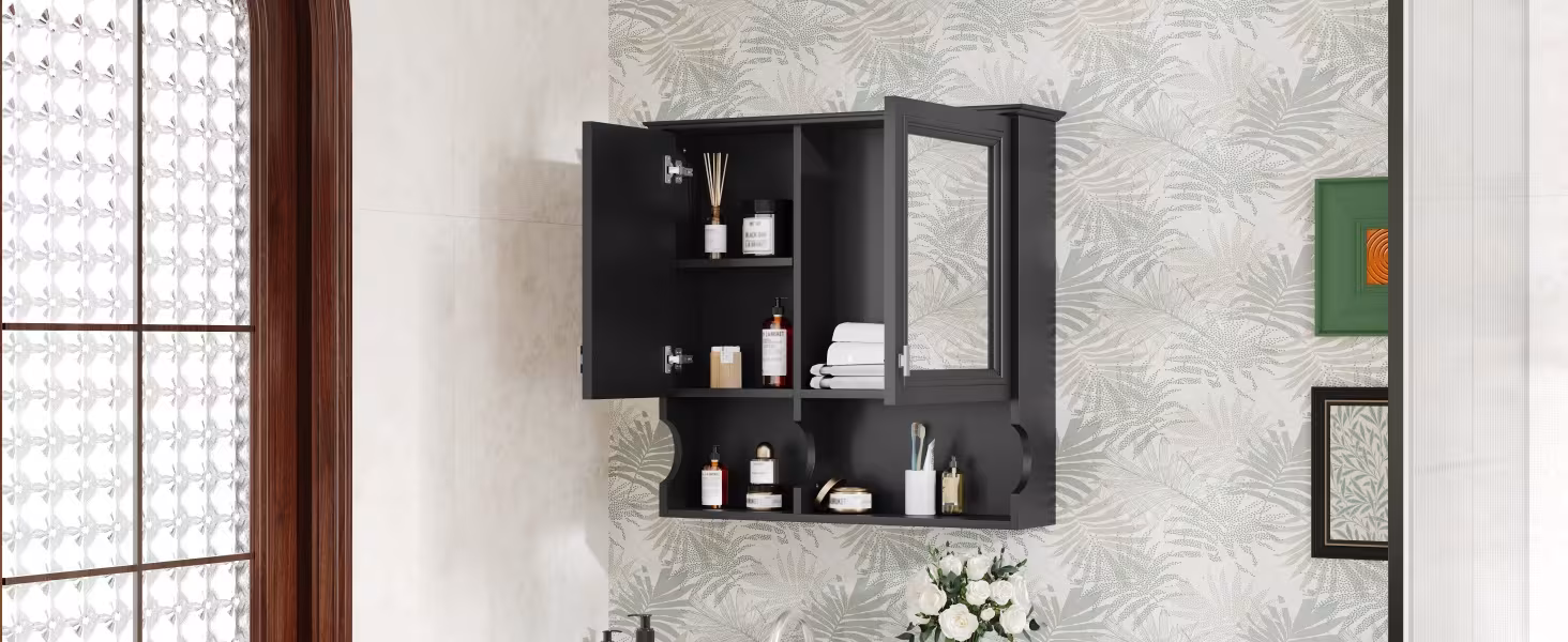 30 Inch Mirror Medicine Cabinet With Open Shelves, Wall Mounted Home Storage With Doors & Mirror, Adjustable Shelf, Bathroom Storage Cabinet Over Toilet