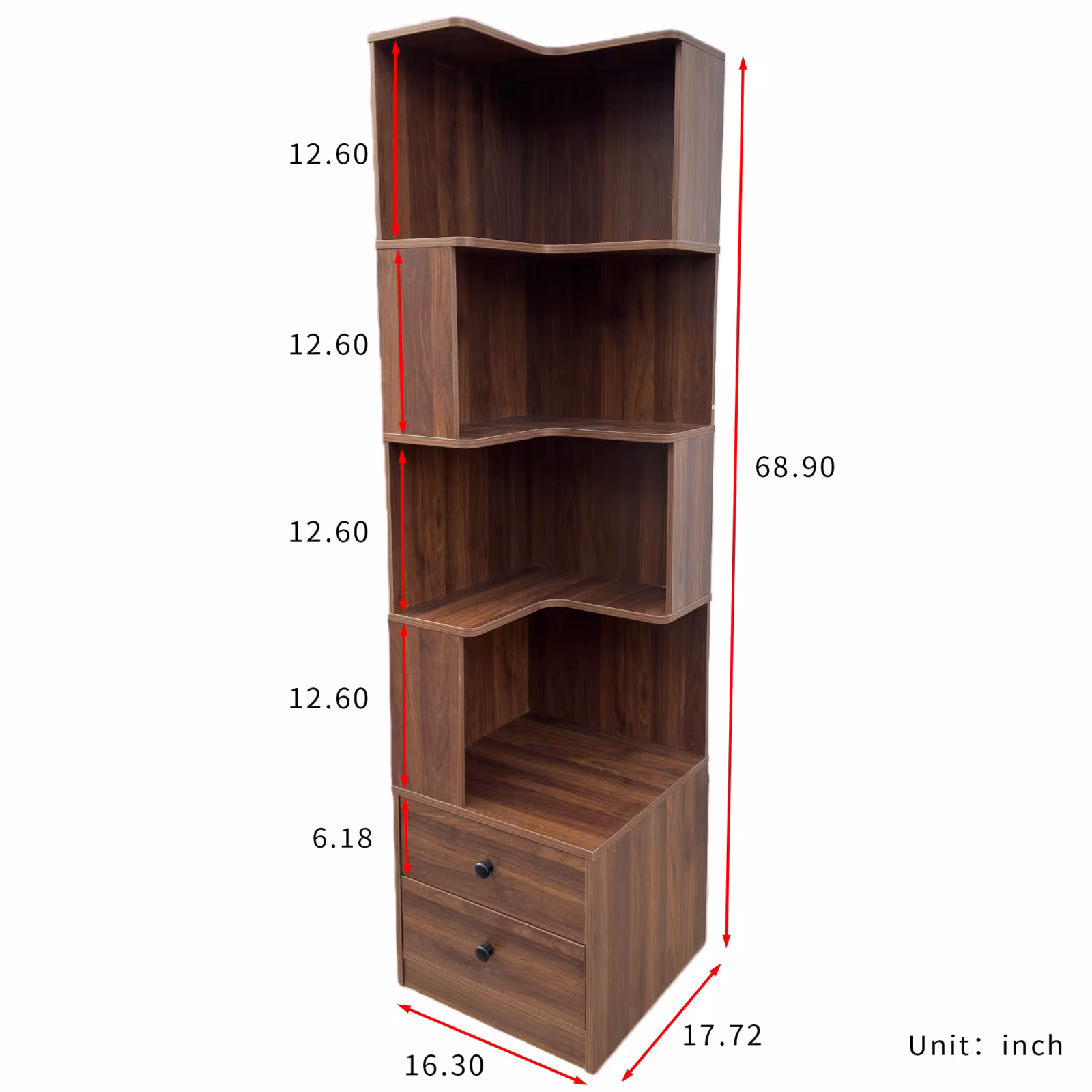 Corner BookShelf With Drawers,4-Tier Corner Bookshelf Bookcase With Baffle, Freestanding L Shaped Display Shelf Stand With Led Lights For Home Office, Living Room, Bedroom, Kitchen