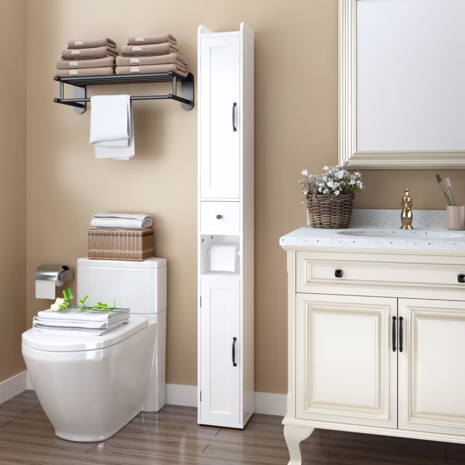 67.51 Tall Bathroom Storage Cabinet With Adjustable Shelves,Slim 2 Doors Freestanding Cabinet With Anti-Tip, Open Compartments, For Home, Small Spaces, Bathroom,Kitchen, Living Room, White