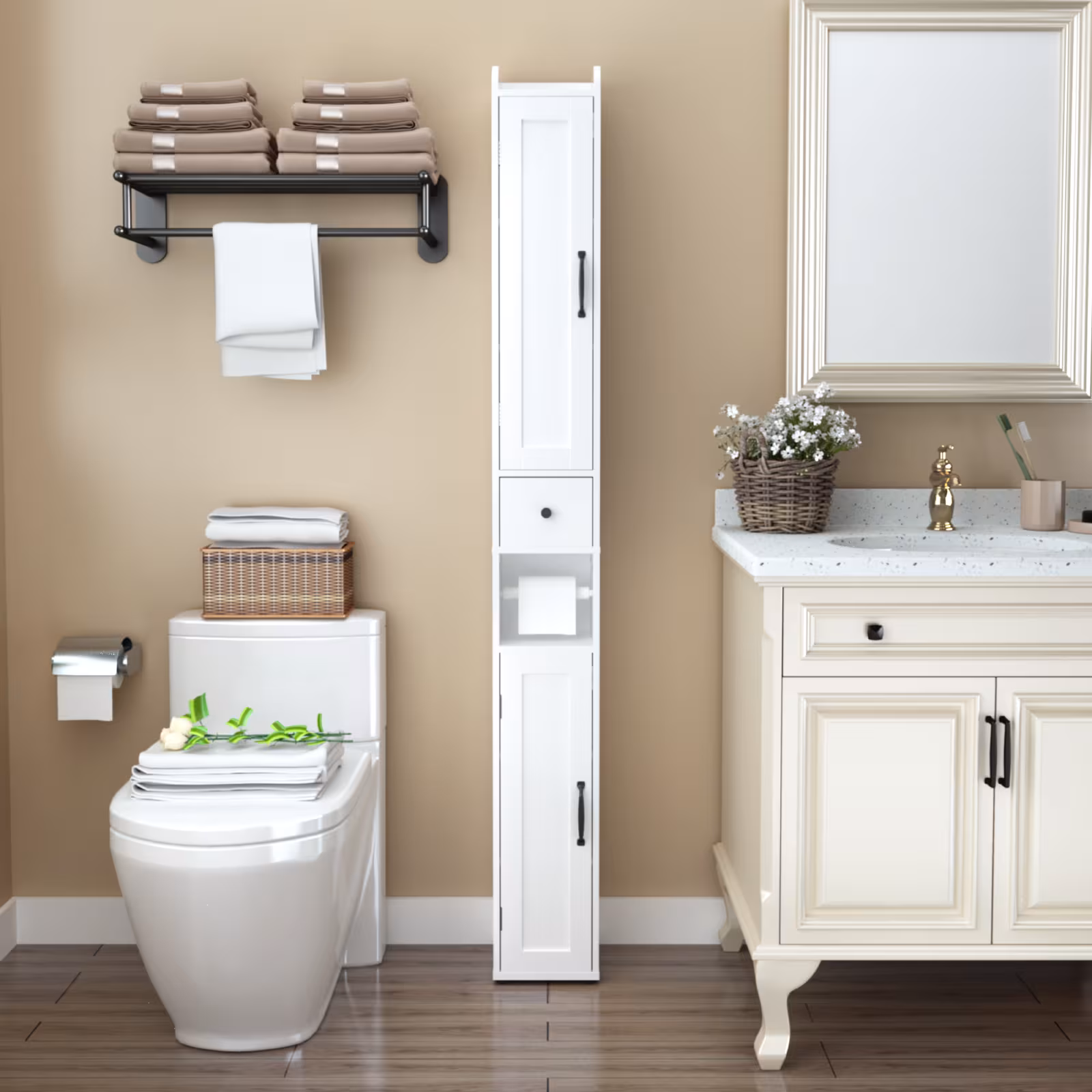 67.51 Tall Bathroom Storage Cabinet With Adjustable Shelves,Slim 2 Doors Freestanding Cabinet With Anti-Tip, Open Compartments, For Home, Small Spaces, Bathroom,Kitchen, Living Room, White