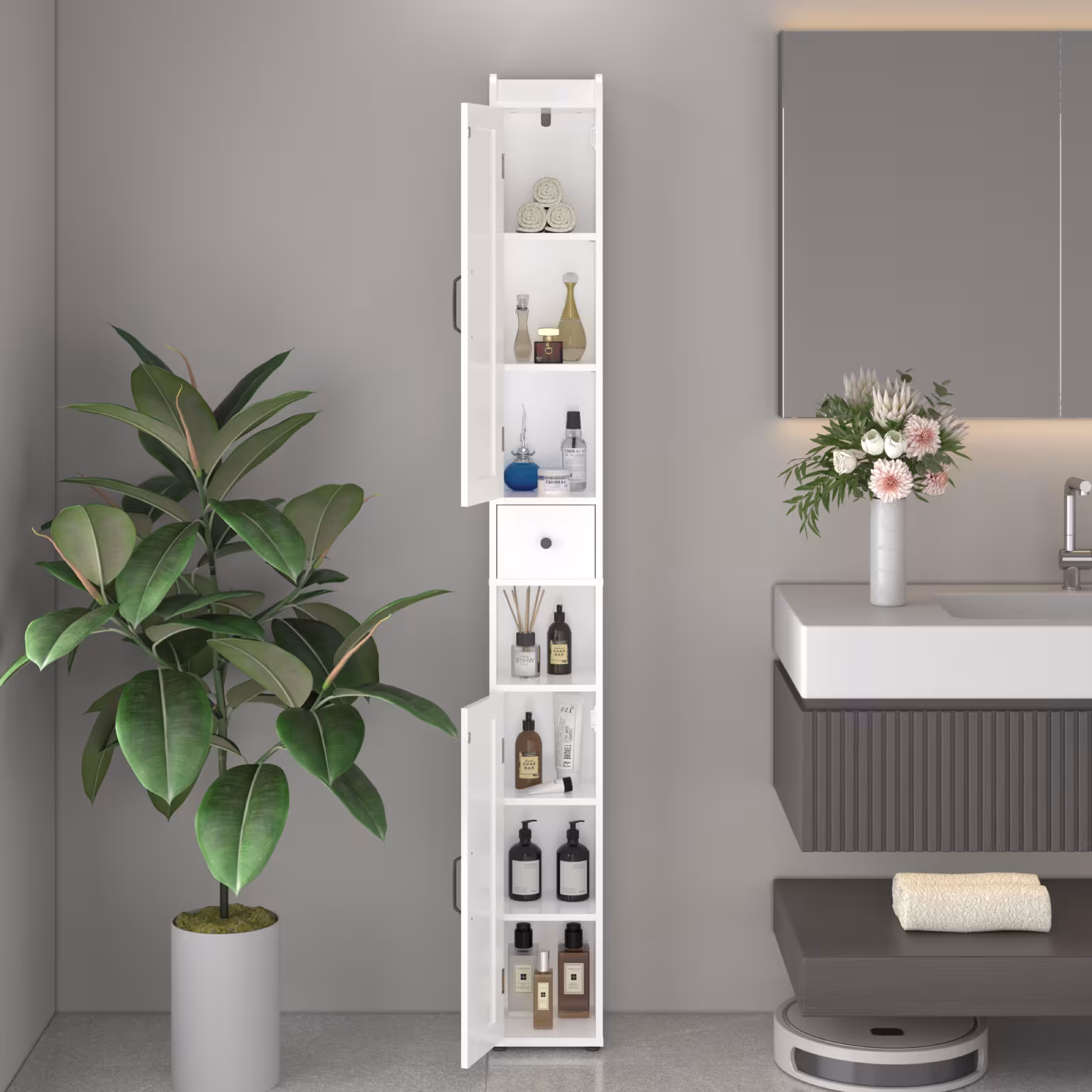 67.51 Tall Bathroom Storage Cabinet With Adjustable Shelves,Slim 2 Doors Freestanding Cabinet With Anti-Tip, Open Compartments, For Home, Small Spaces, Bathroom,Kitchen, Living Room, White