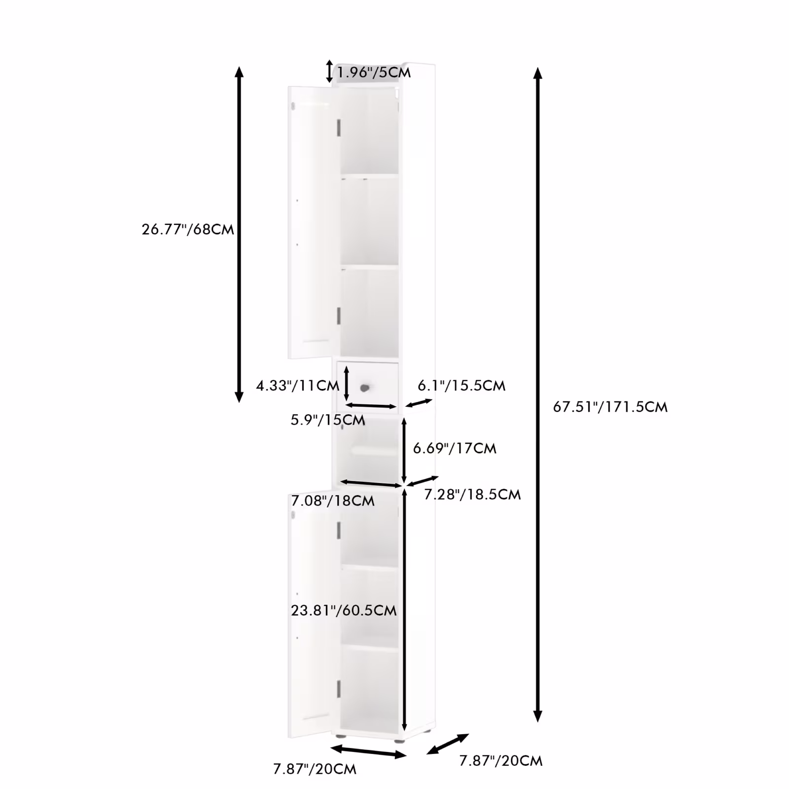 67.51 Tall Bathroom Storage Cabinet With Adjustable Shelves,Slim 2 Doors Freestanding Cabinet With Anti-Tip, Open Compartments, For Home, Small Spaces, Bathroom,Kitchen, Living Room, White