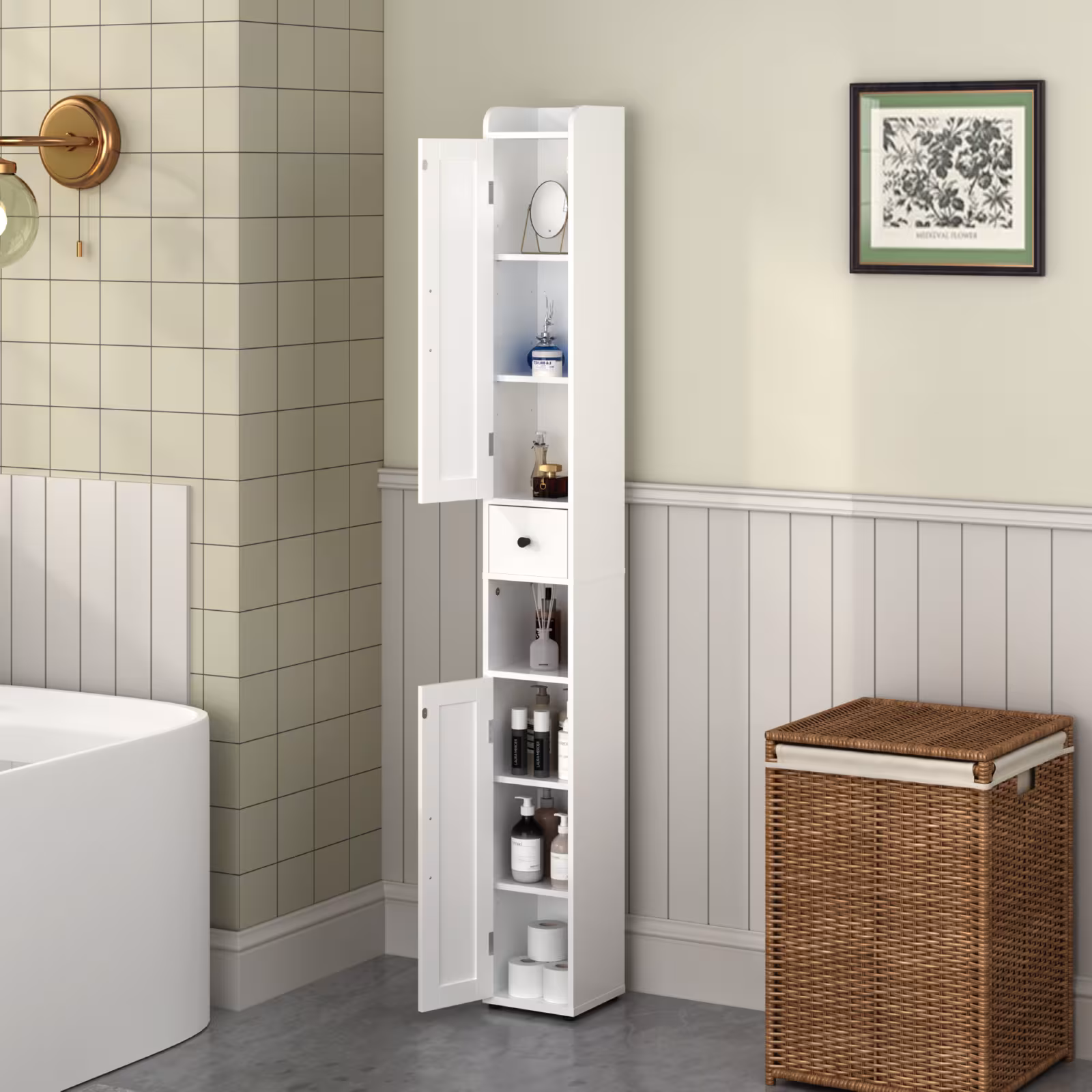 67.51 Tall Bathroom Storage Cabinet With Adjustable Shelves,Slim 2 Doors Freestanding Cabinet With Anti-Tip, Open Compartments, For Home, Small Spaces, Bathroom,Kitchen, Living Room, White