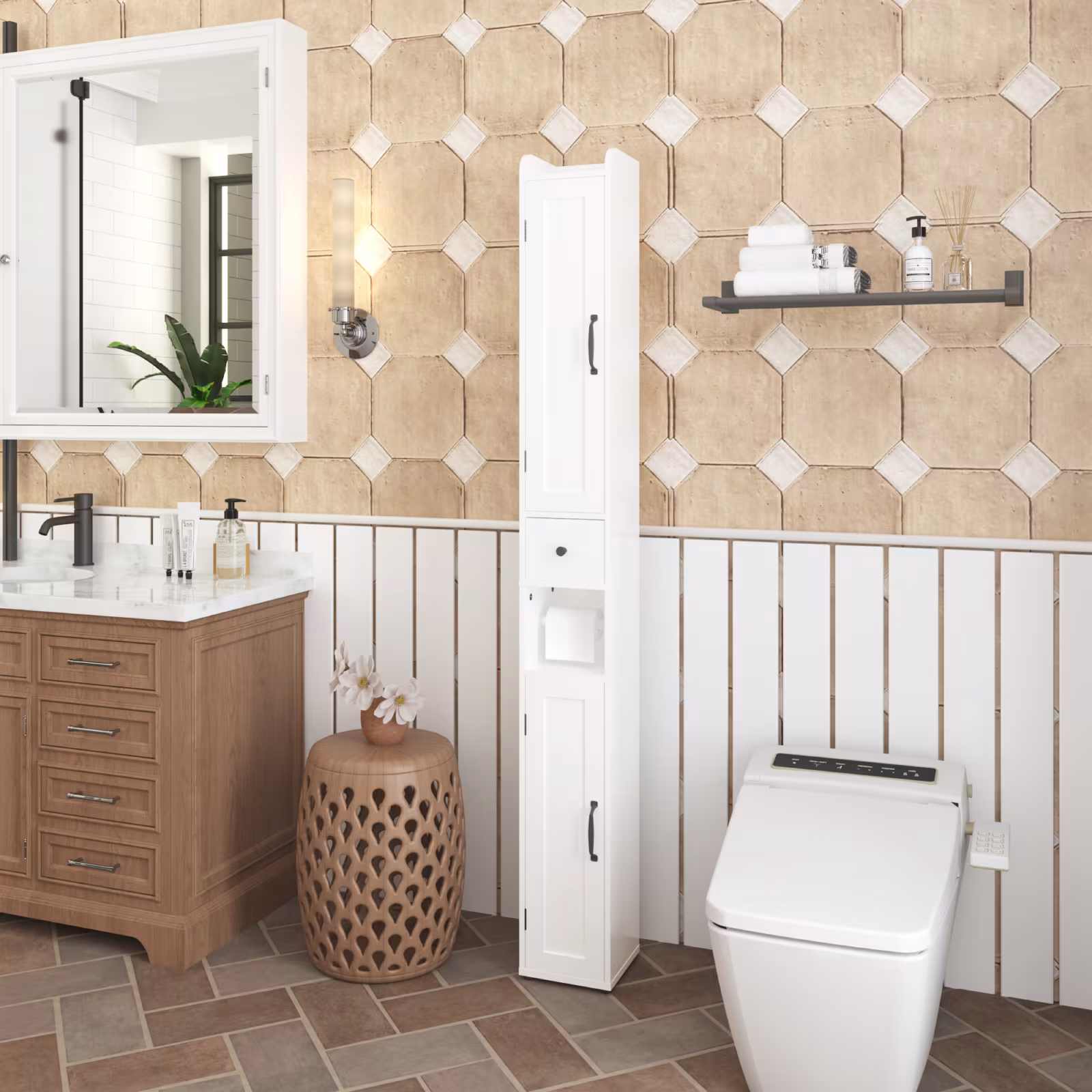 67.51 Tall Bathroom Storage Cabinet With Adjustable Shelves,Slim 2 Doors Freestanding Cabinet With Anti-Tip, Open Compartments, For Home, Small Spaces, Bathroom,Kitchen, Living Room, White