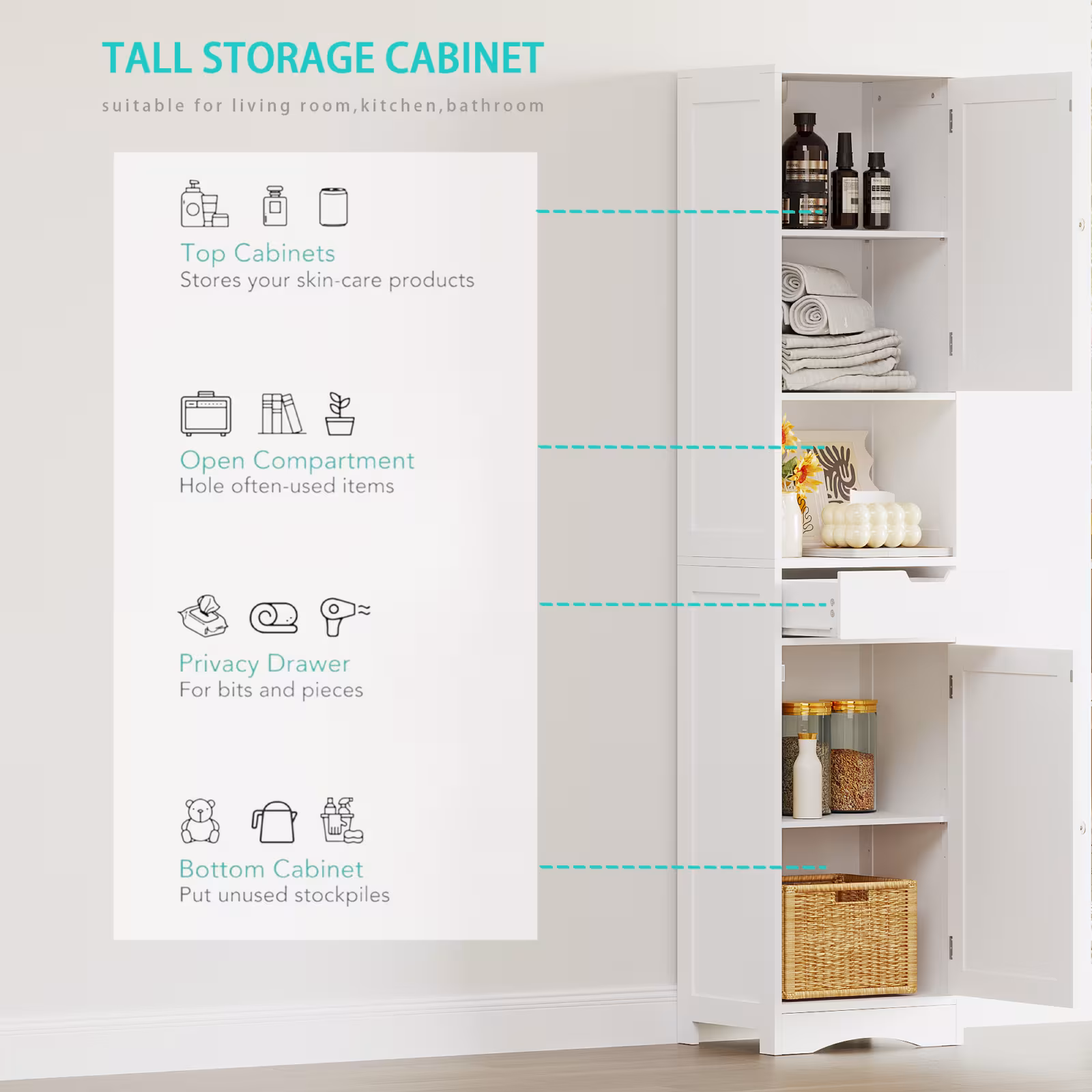 67 Tall Bathroom Cabinet, Storage Cabinet With 2 Doors & 1 Drawer, Narrow Bathroom Storage Cabinets With Adjustable Shelves, Bathroom Floor Organizer For Living Room, Entryway, Home Office, White