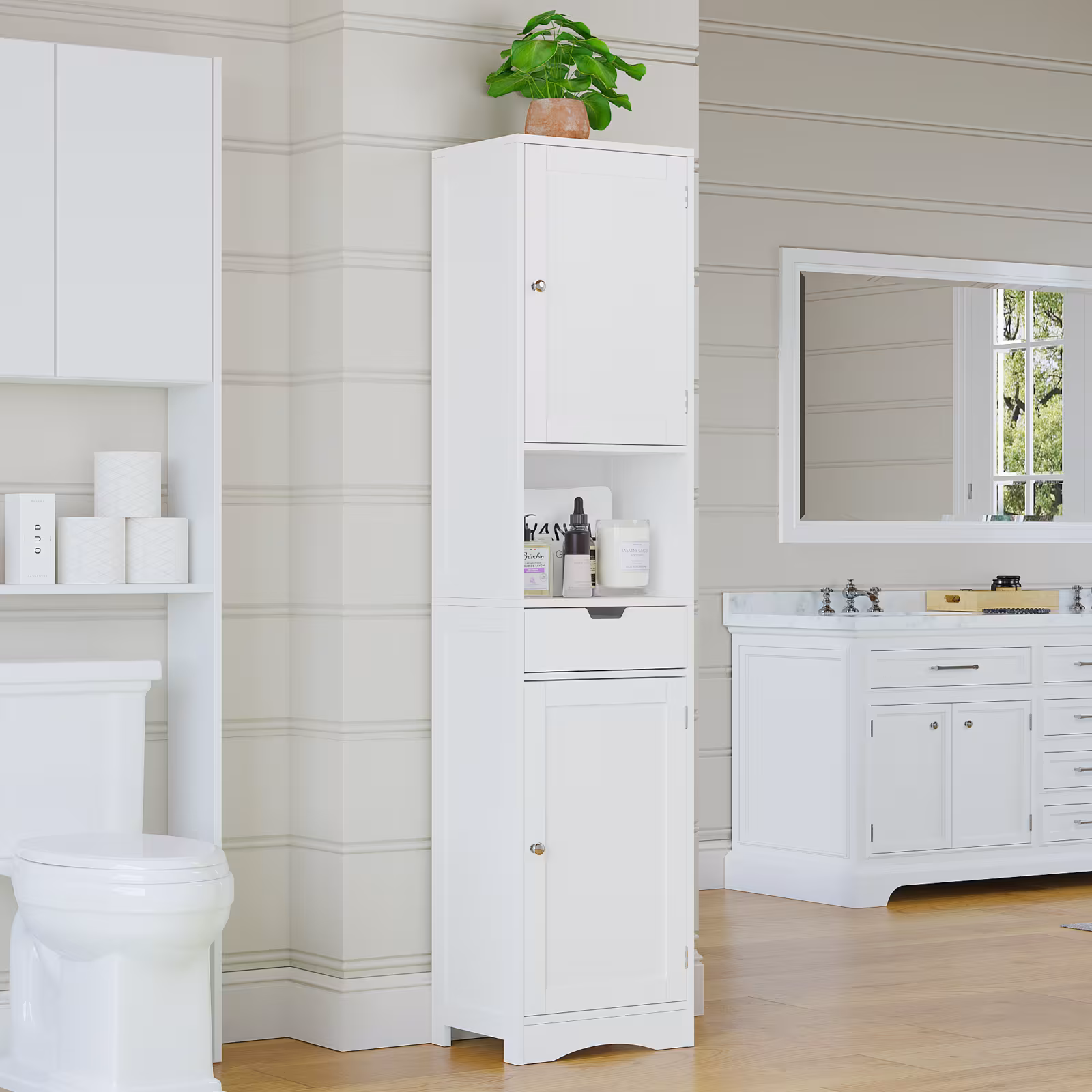 67 Tall Bathroom Cabinet, Storage Cabinet With 2 Doors & 1 Drawer, Narrow Bathroom Storage Cabinets With Adjustable Shelves, Bathroom Floor Organizer For Living Room, Entryway, Home Office, White