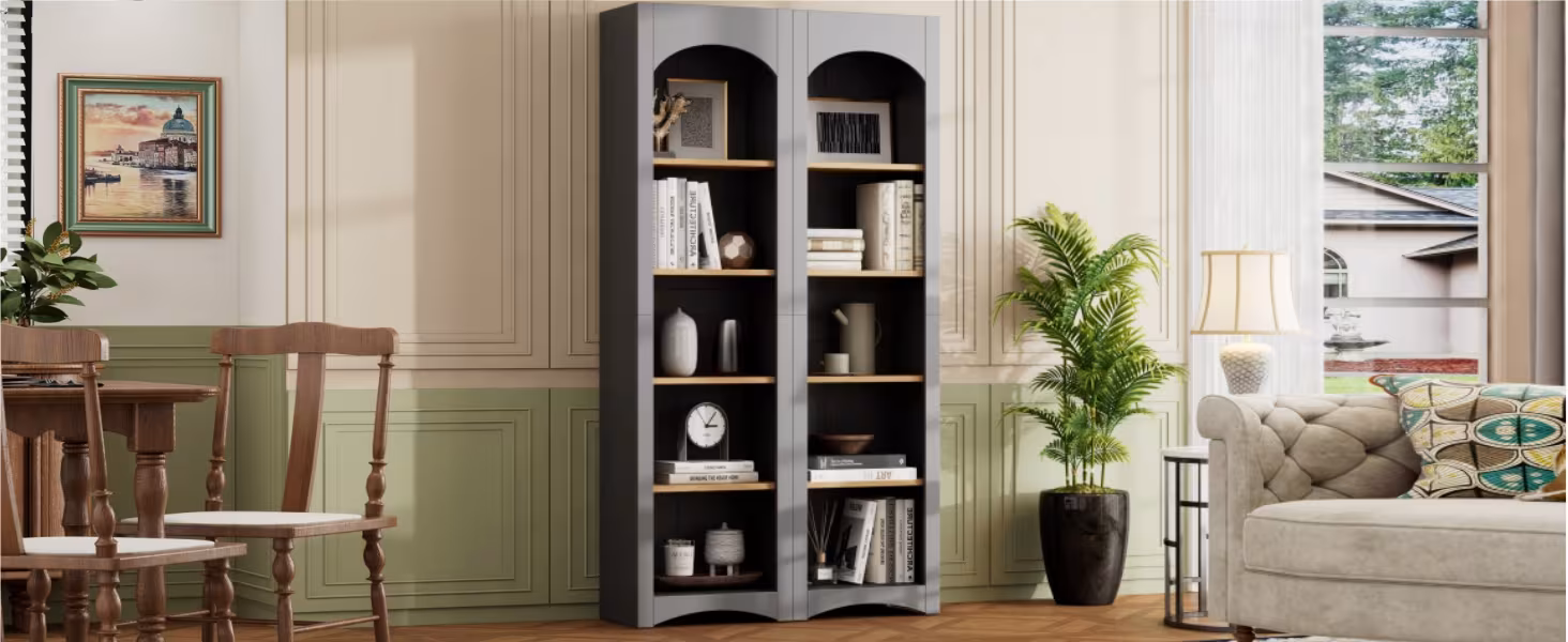 ON-TREND Free Standing 5 Tier Bookshelves, Bookcases Set Of 2, Farmhouse Two-Tone Storage Cabinet With Adjustable Shelves, Modern 72H Kitchen Pantry Cabinet For Living Room, Home Office, Grey