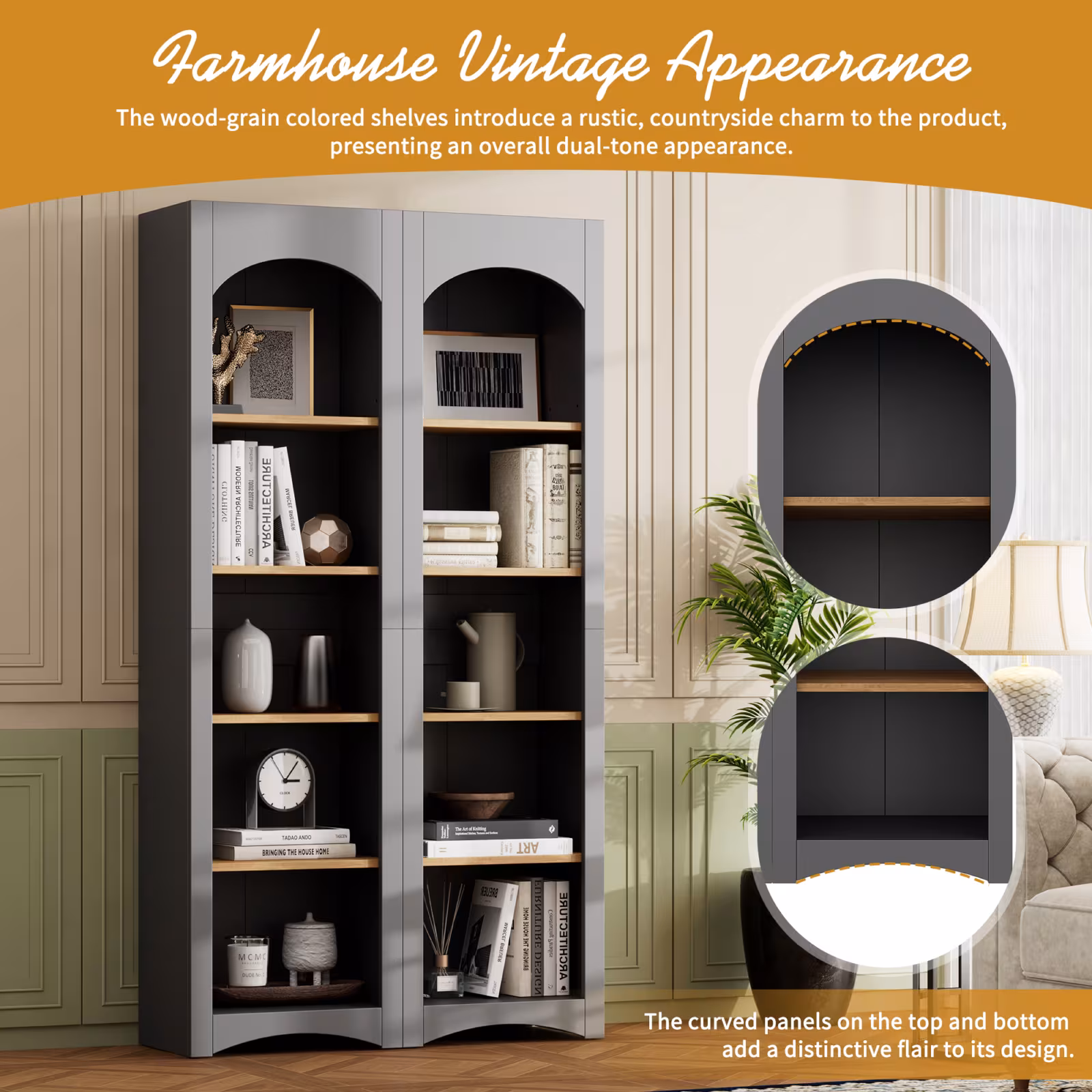 ON-TREND Free Standing 5 Tier Bookshelves, Bookcases Set Of 2, Farmhouse Two-Tone Storage Cabinet With Adjustable Shelves, Modern 72H Kitchen Pantry Cabinet For Living Room, Home Office, Grey