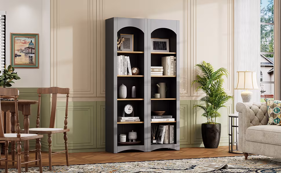 ON-TREND Free Standing 5 Tier Bookshelves, Bookcases Set Of 2, Farmhouse Two-Tone Storage Cabinet With Adjustable Shelves, Modern 72H Kitchen Pantry Cabinet For Living Room, Home Office, Grey