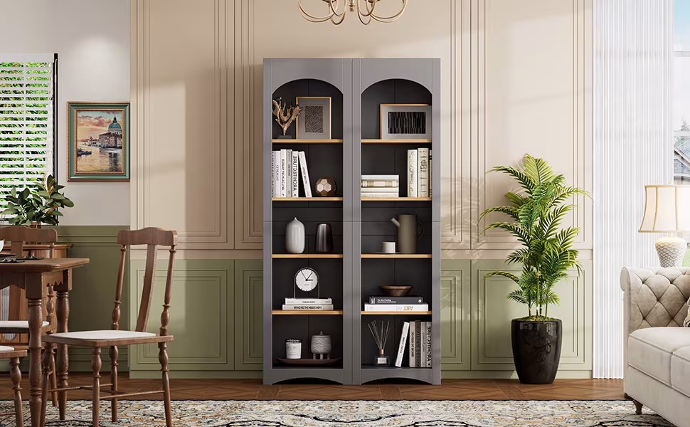 ON-TREND Free Standing 5 Tier Bookshelves, Bookcases Set Of 2, Farmhouse Two-Tone Storage Cabinet With Adjustable Shelves, Modern 72H Kitchen Pantry Cabinet For Living Room, Home Office, Grey