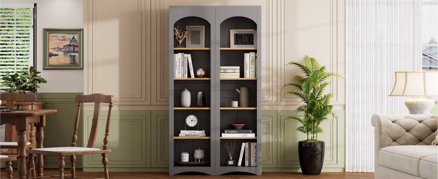 ON-TREND Free Standing 5 Tier Bookshelves, Bookcases Set Of 2, Farmhouse Two-Tone Storage Cabinet With Adjustable Shelves, Modern 72H Kitchen Pantry Cabinet For Living Room, Home Office, Grey