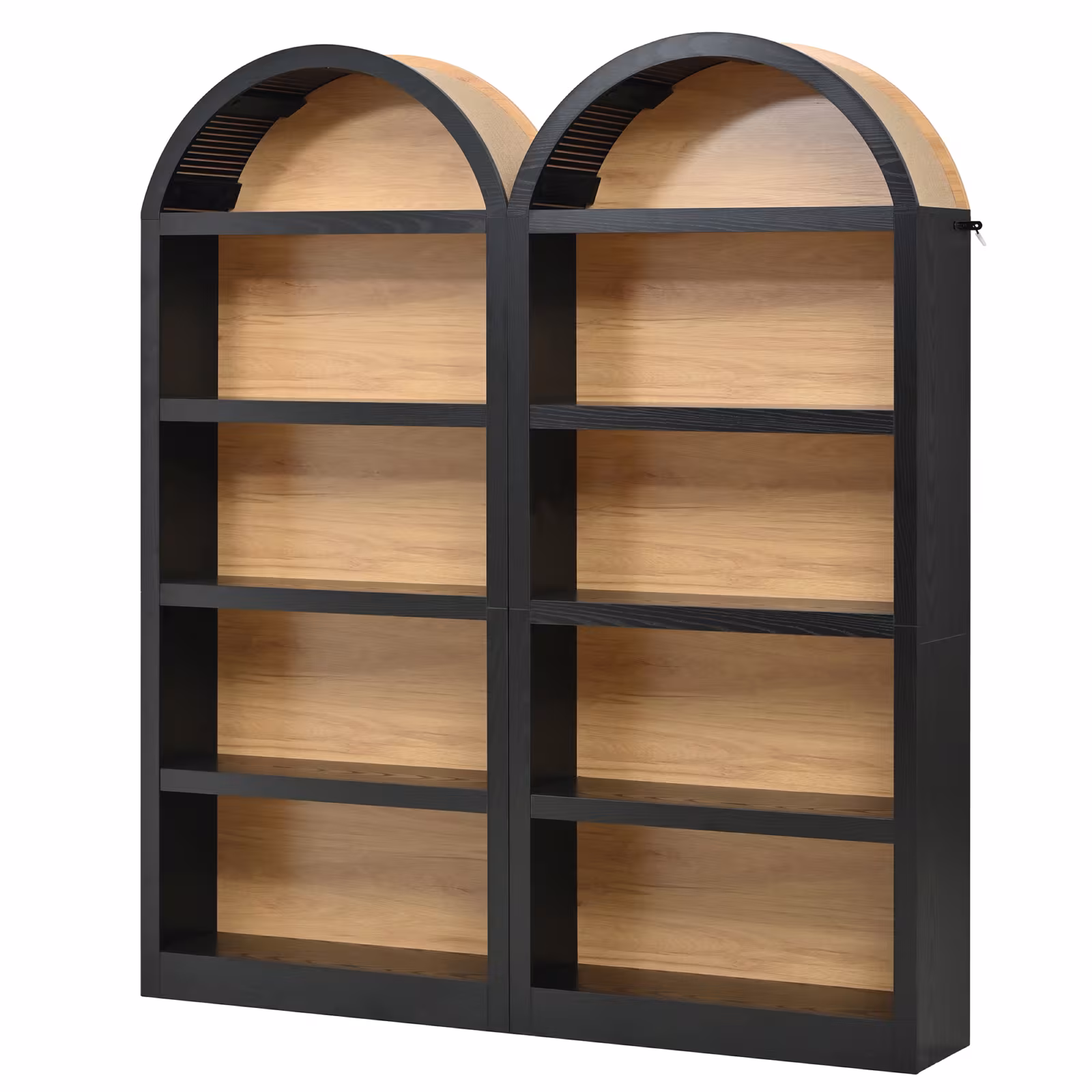 ON-TREND Freestanding Tall Bookshelves Set Of 2, Farmhouse Two-Tone Open Storage Cabinet With Fabric Arched Top, 5-Tier Display Bookcase For Living Room, Bedroom, Home Office, Black Natural