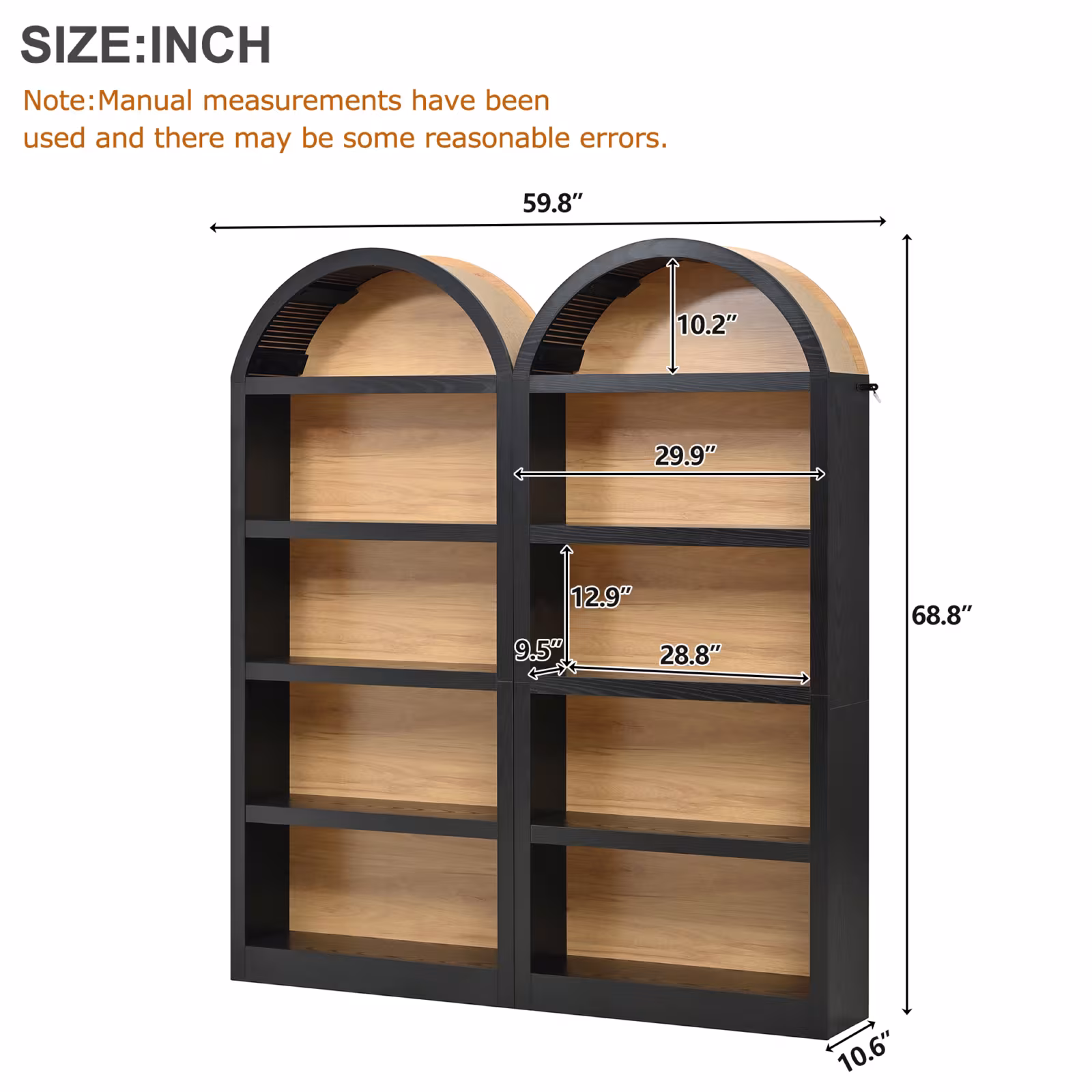 ON-TREND Freestanding Tall Bookshelves Set Of 2, Farmhouse Two-Tone Open Storage Cabinet With Fabric Arched Top, 5-Tier Display Bookcase For Living Room, Bedroom, Home Office, Black Natural