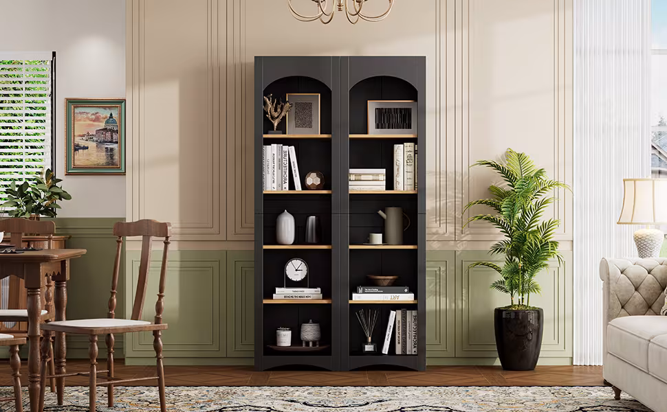 ON-TREND Free Standing 5 Tier Bookshelves, Bookcases Set Of 2, Farmhouse Two-Tone Storage Cabinet With Adjustable Shelves, Modern 72H Kitchen Pantry Cabinet For Living Room, Home Office, Black