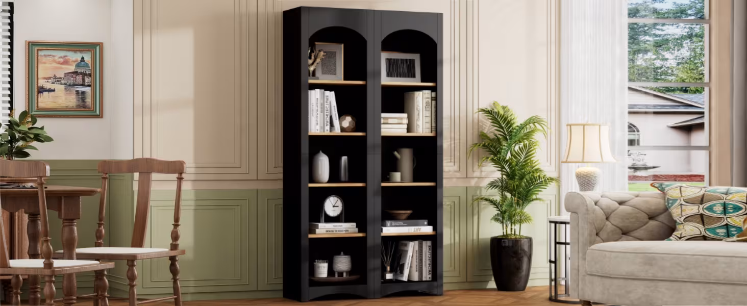 ON-TREND Free Standing 5 Tier Bookshelves, Bookcases Set Of 2, Farmhouse Two-Tone Storage Cabinet With Adjustable Shelves, Modern 72H Kitchen Pantry Cabinet For Living Room, Home Office, Black