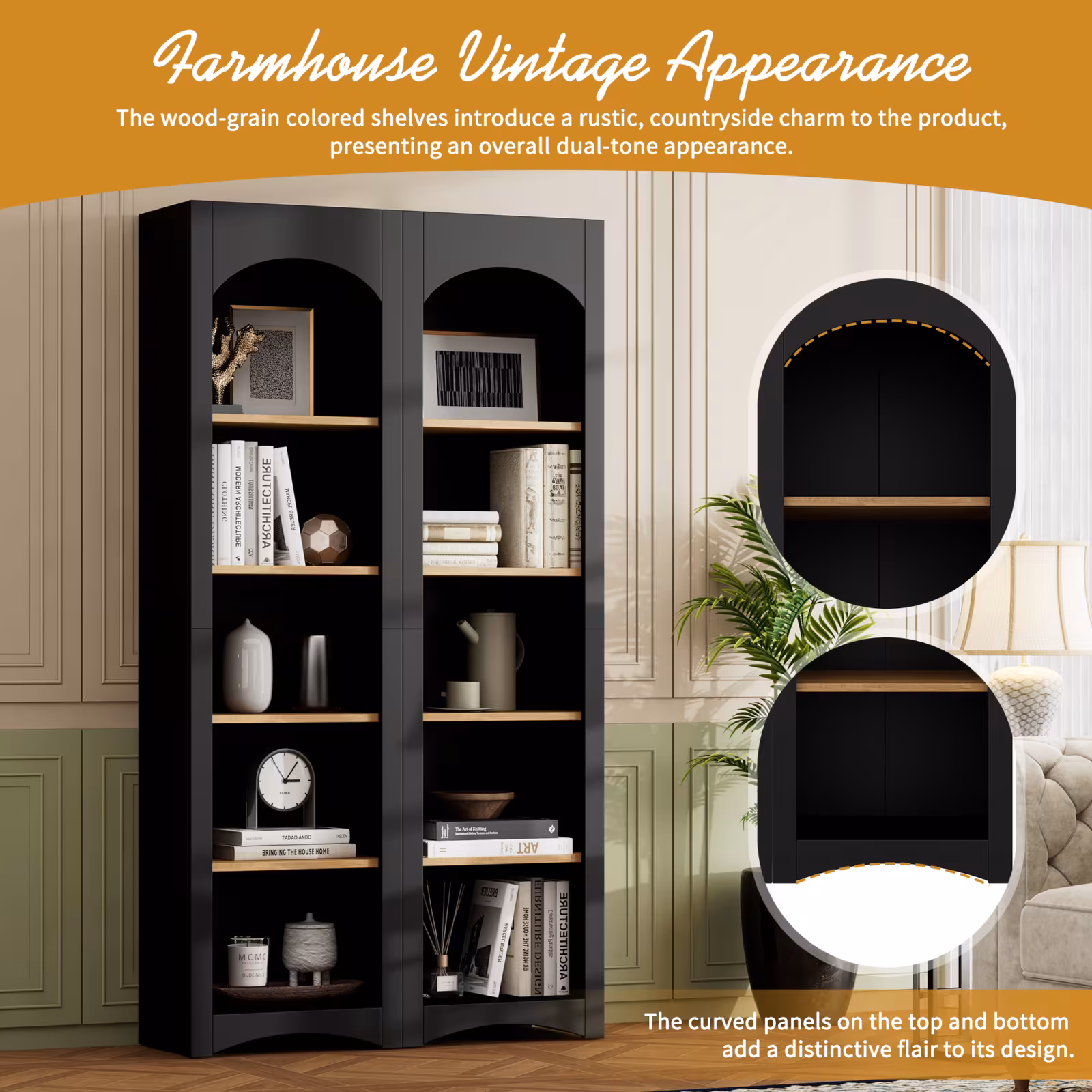 ON-TREND Free Standing 5 Tier Bookshelves, Bookcases Set Of 2, Farmhouse Two-Tone Storage Cabinet With Adjustable Shelves, Modern 72H Kitchen Pantry Cabinet For Living Room, Home Office, Black