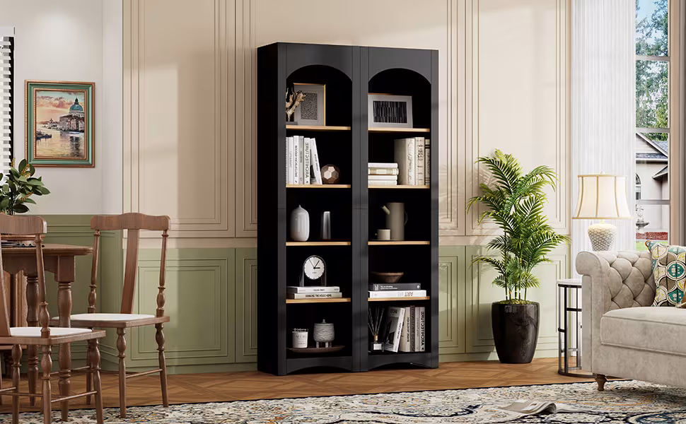 ON-TREND Free Standing 5 Tier Bookshelves, Bookcases Set Of 2, Farmhouse Two-Tone Storage Cabinet With Adjustable Shelves, Modern 72H Kitchen Pantry Cabinet For Living Room, Home Office, Black