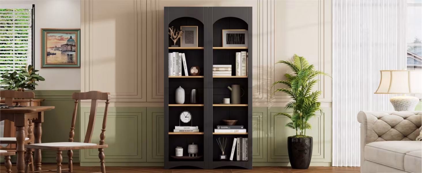 ON-TREND Free Standing 5 Tier Bookshelves, Bookcases Set Of 2, Farmhouse Two-Tone Storage Cabinet With Adjustable Shelves, Modern 72H Kitchen Pantry Cabinet For Living Room, Home Office, Black