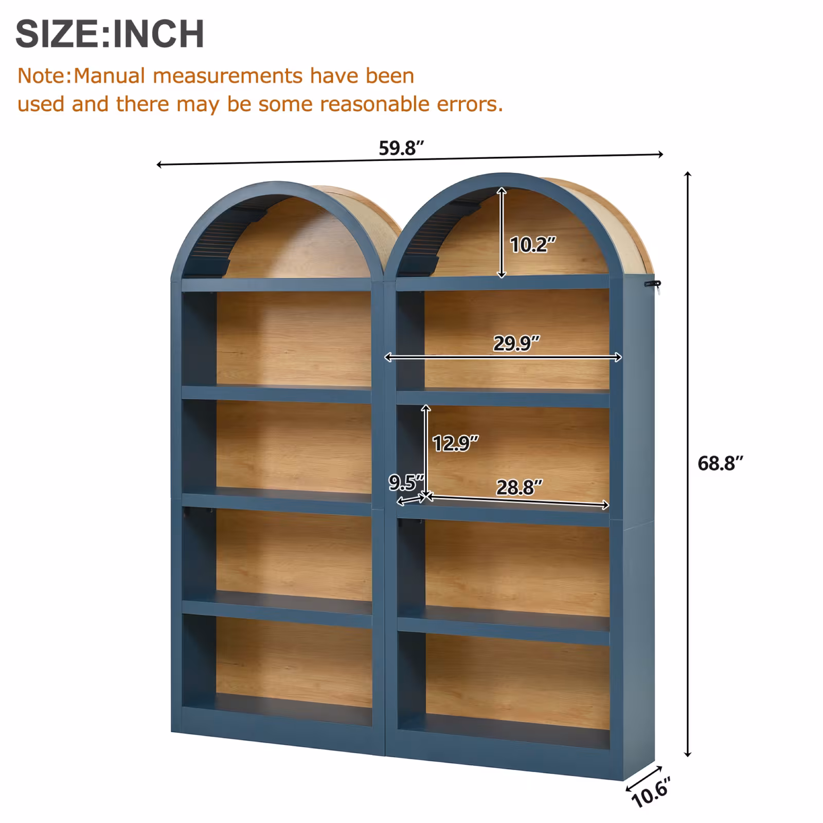 ON-TREND Freestanding Tall Bookshelves Set Of 2, Farmhouse Two-Tone Open Storage Cabinet With Fabric Arched Top, 5-Tier Display Bookcase For Living Room, Bedroom, Home Office, Blue Natural