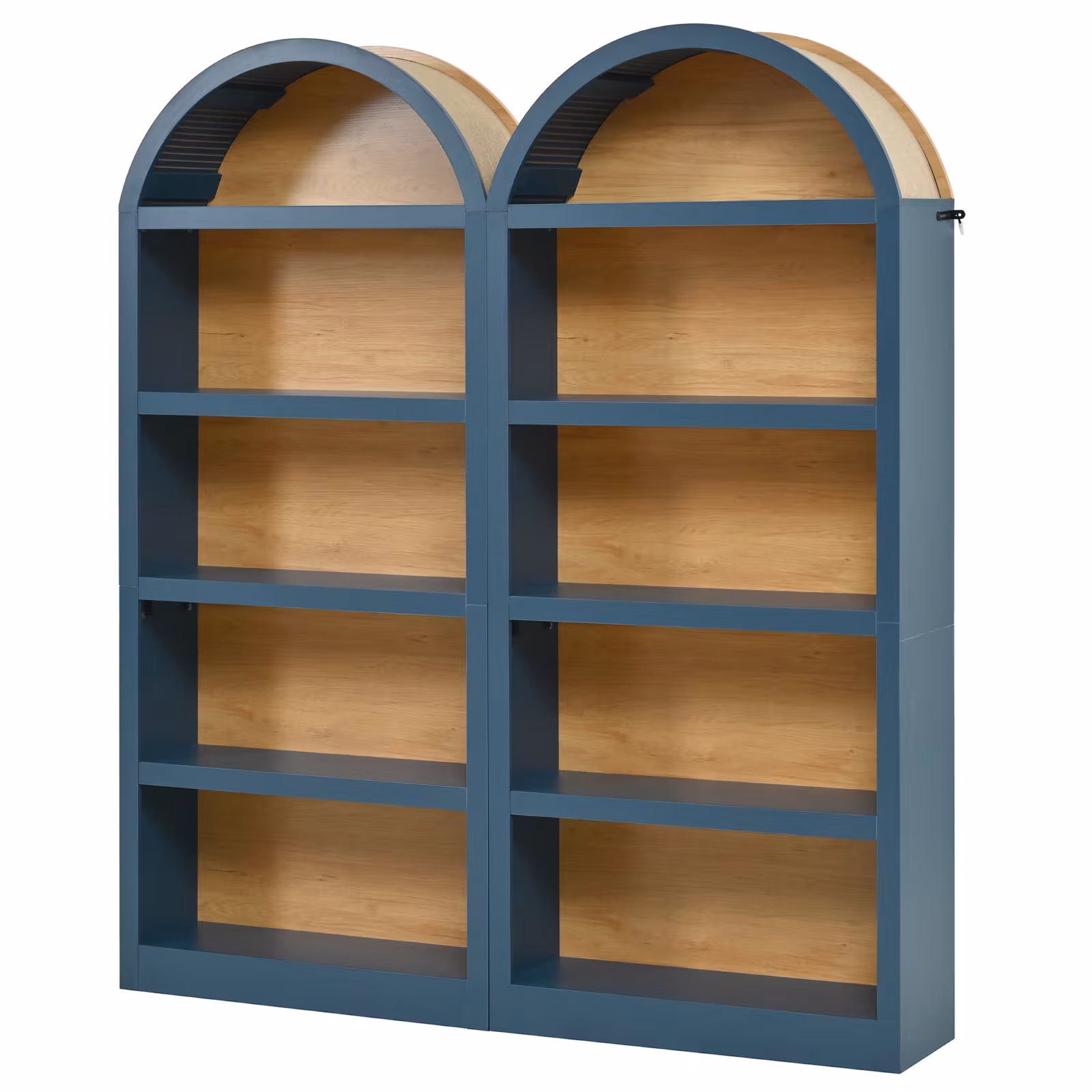 ON-TREND Freestanding Tall Bookshelves Set Of 2, Farmhouse Two-Tone Open Storage Cabinet With Fabric Arched Top, 5-Tier Display Bookcase For Living Room, Bedroom, Home Office, Blue Natural