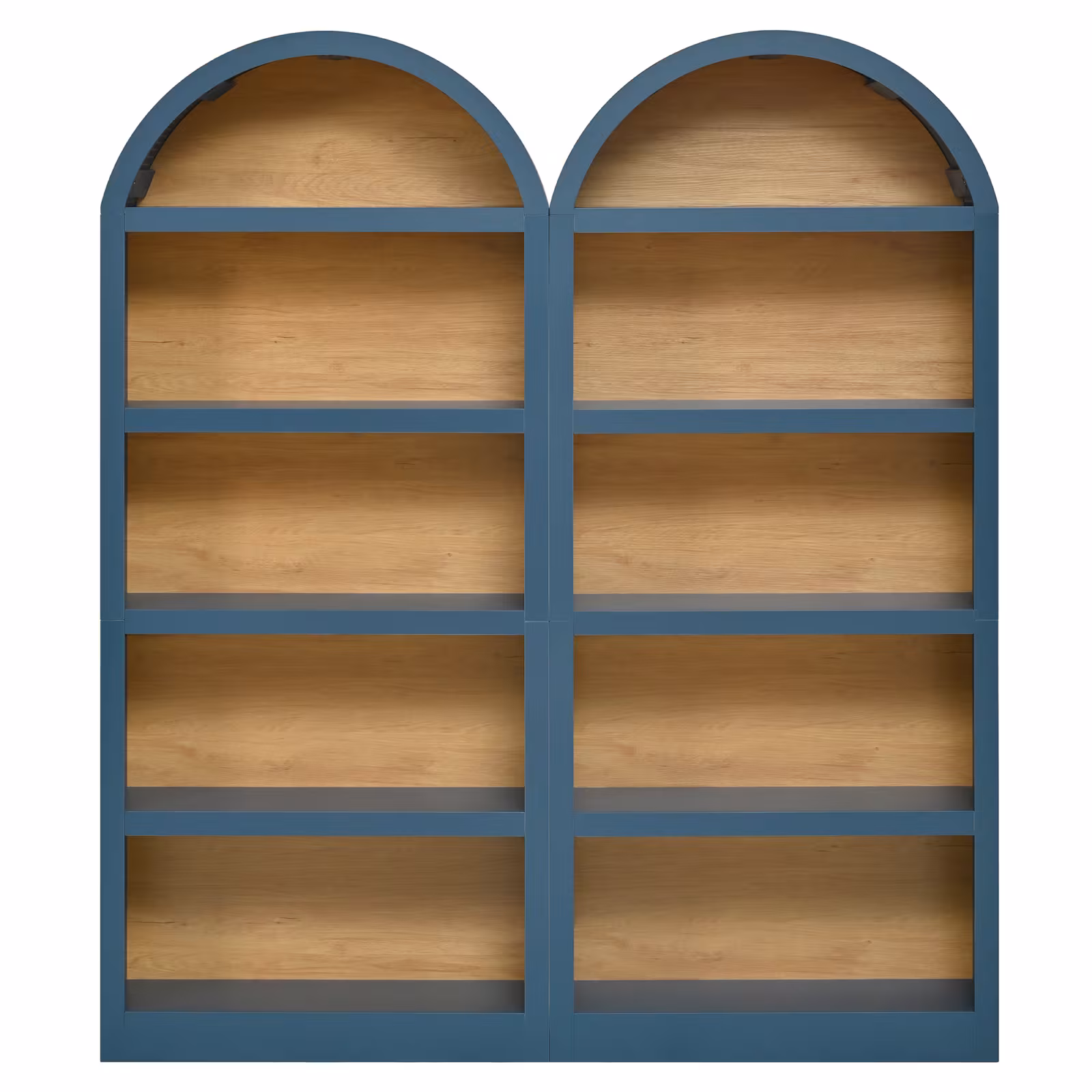 ON-TREND Freestanding Tall Bookshelves Set Of 2, Farmhouse Two-Tone Open Storage Cabinet With Fabric Arched Top, 5-Tier Display Bookcase For Living Room, Bedroom, Home Office, Blue Natural
