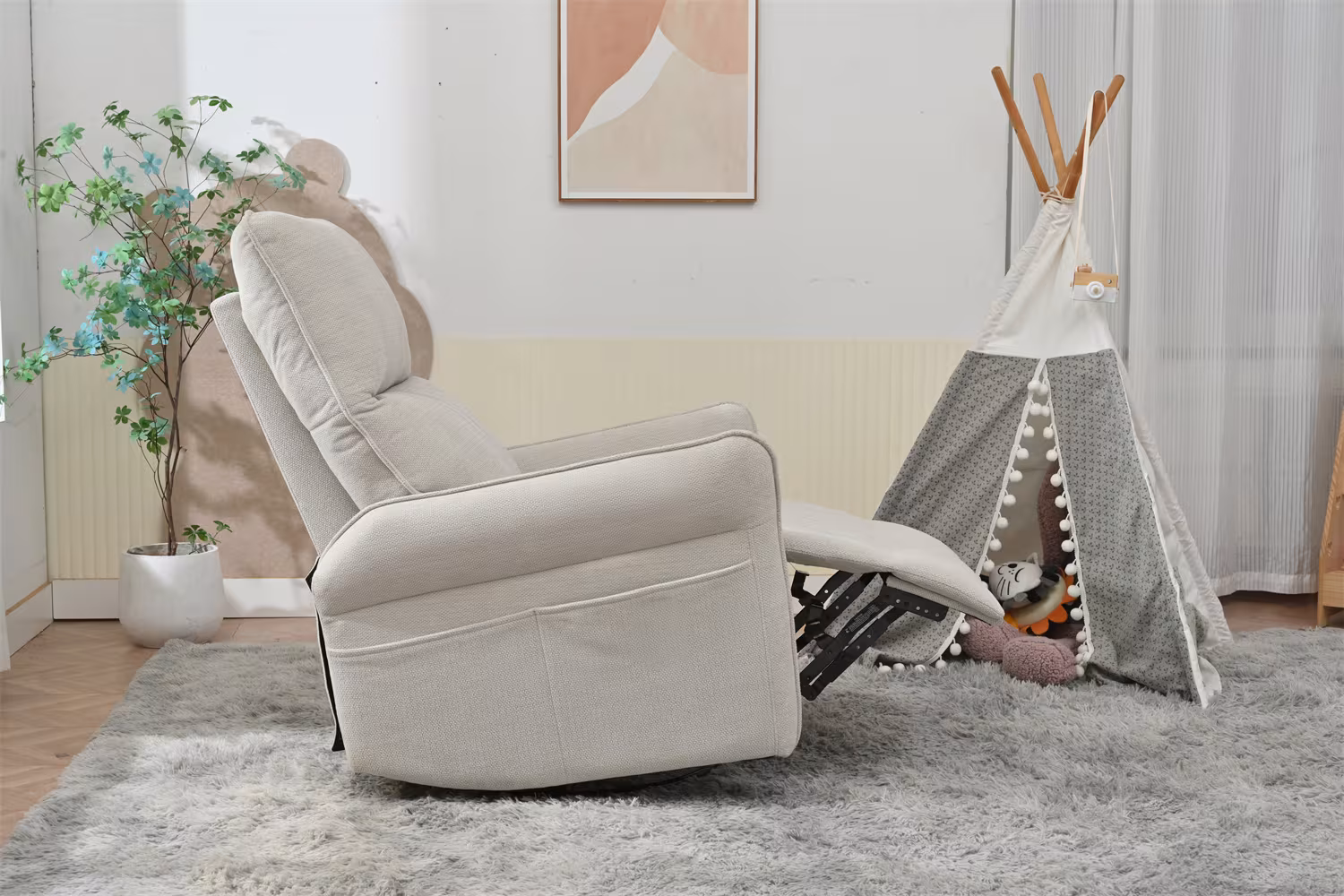360 Swivel Rocker Recliner Chair,Swivel Nursery Rocking Chair WPull Ring,Glider Chair,Modern Rocking Swivel Recliner Chair For Bedroom,Living Room Chair Home Theater Seating Fabric Gray-360Swivel