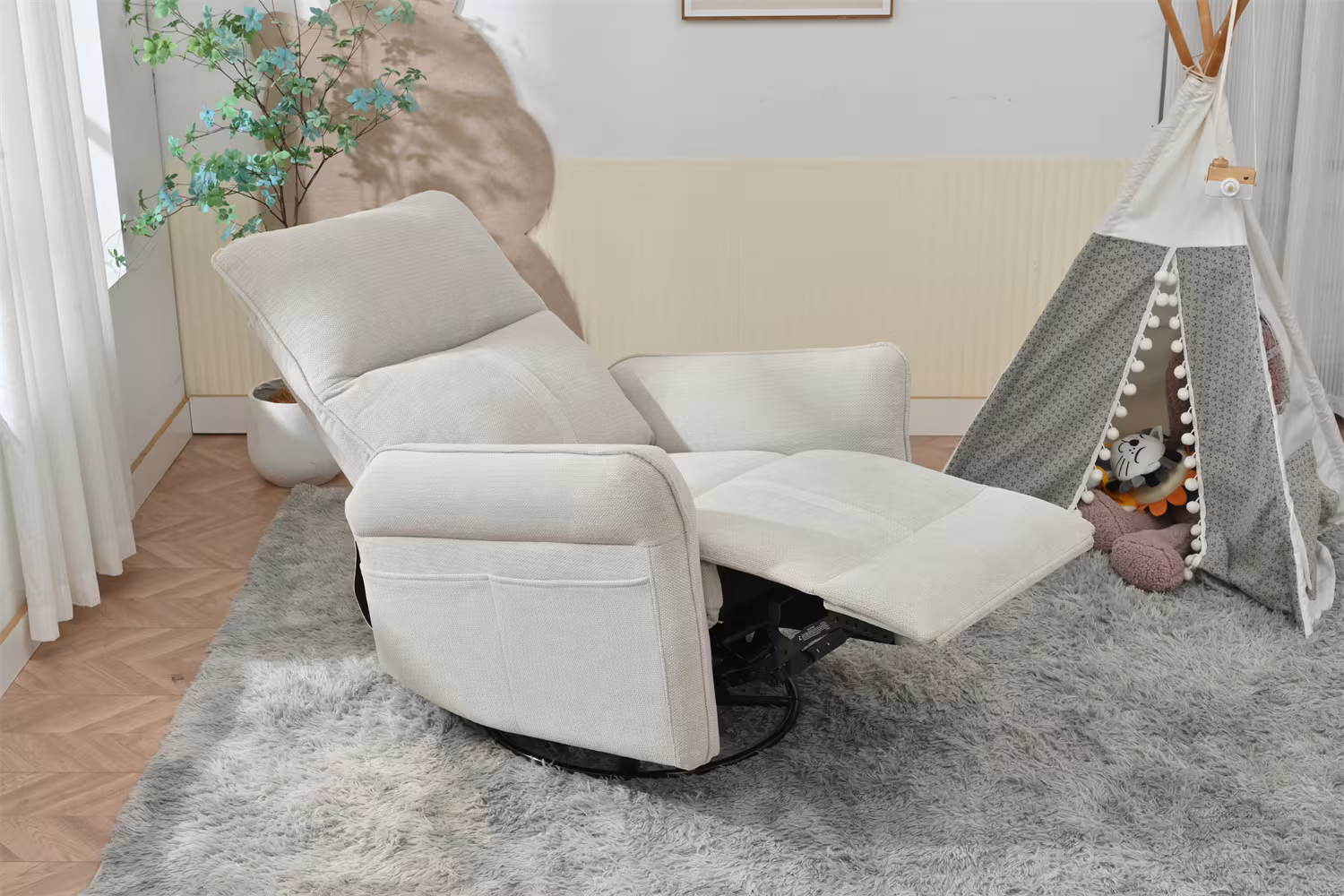 360 Swivel Rocker Recliner Chair,Swivel Nursery Rocking Chair WPull Ring,Glider Chair,Modern Rocking Swivel Recliner Chair For Bedroom,Living Room Chair Home Theater Seating Fabric Gray-360Swivel
