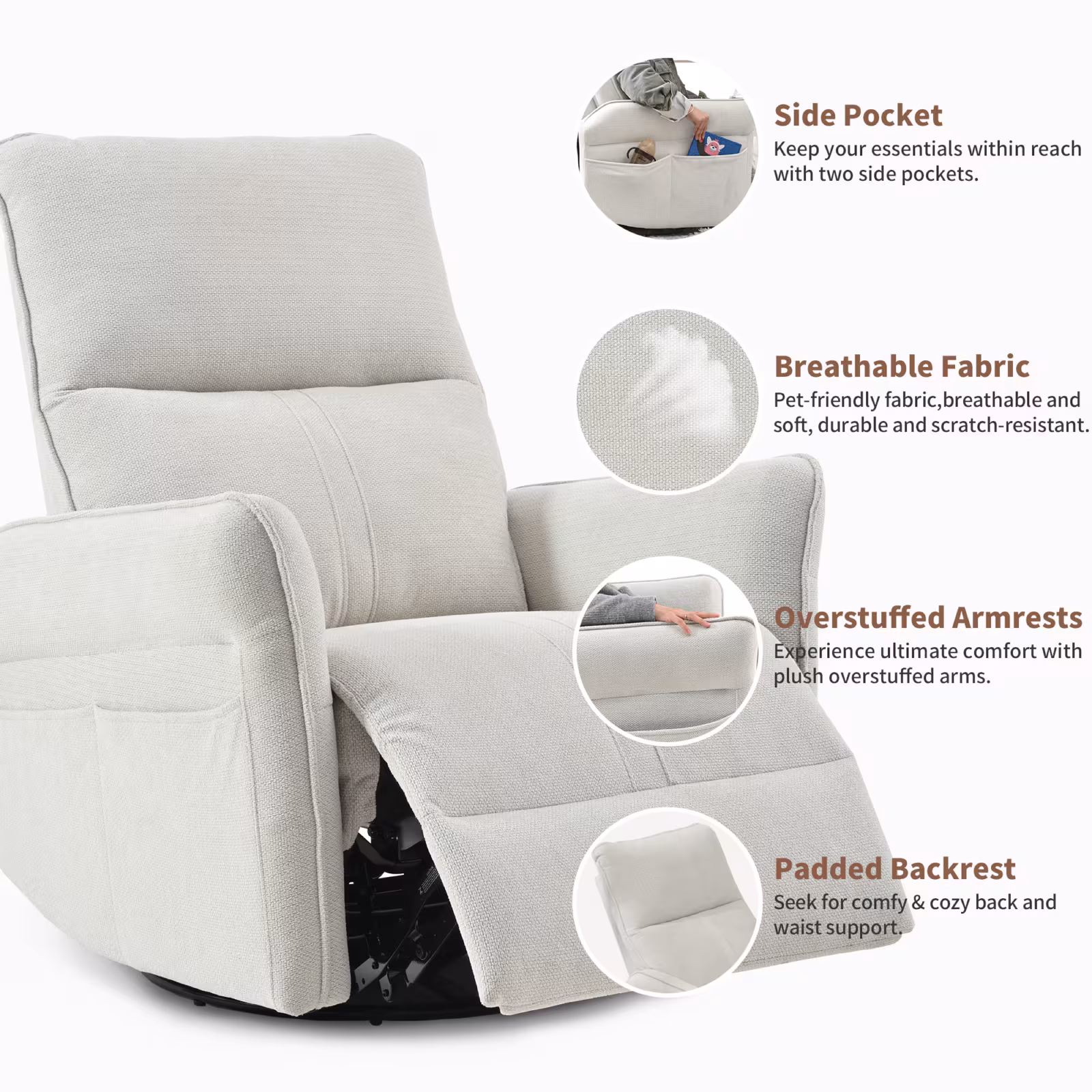 360 Swivel Rocker Recliner Chair,Swivel Nursery Rocking Chair WPull Ring,Glider Chair,Modern Rocking Swivel Recliner Chair For Bedroom,Living Room Chair Home Theater Seating Fabric Gray-360Swivel