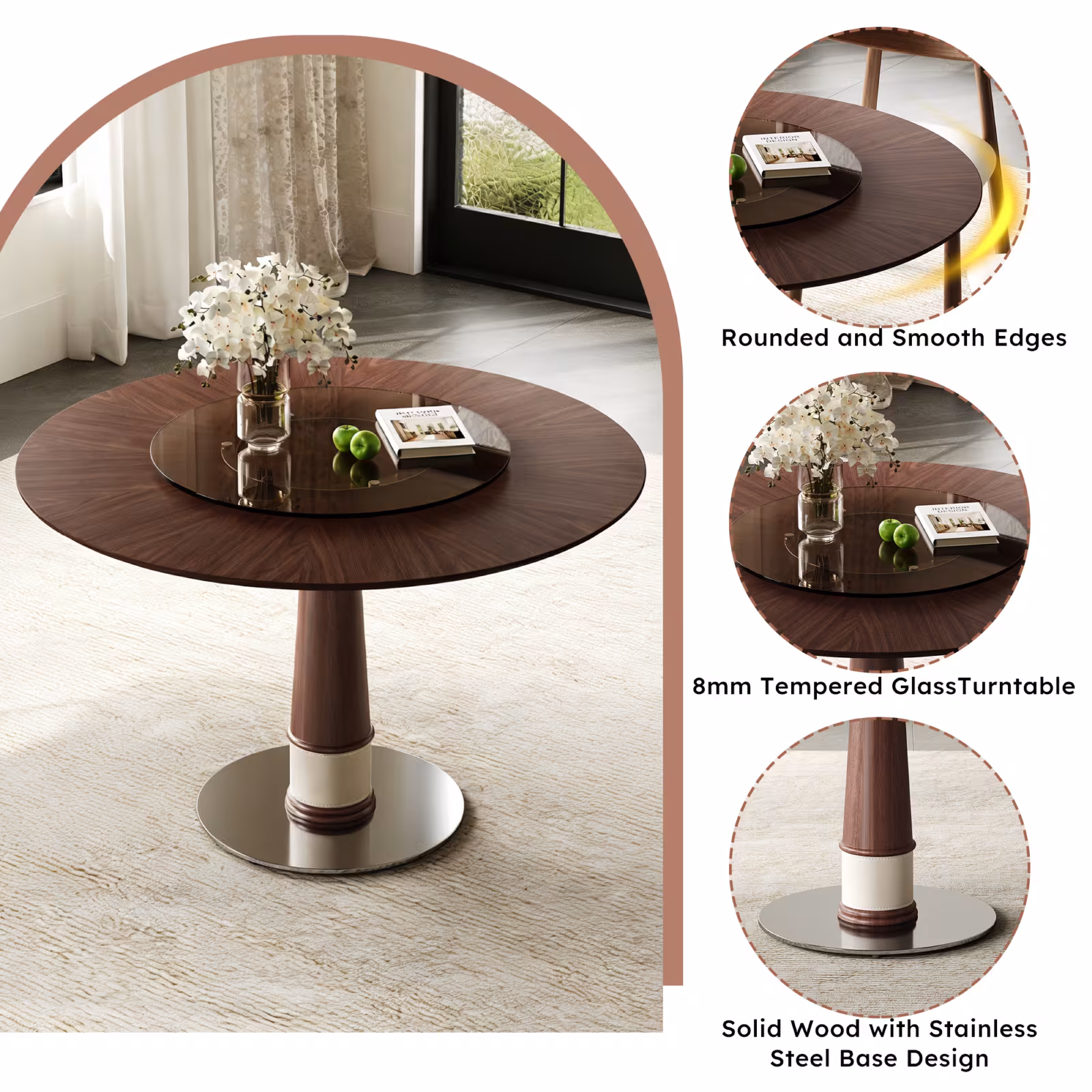 47 Inch Solid Wood Dining Table With 23 Inch Tempered Glass Lazy Susan Stainless Steel Base Round Kitchen Table Retro Fashion Home Restaurant Office Table