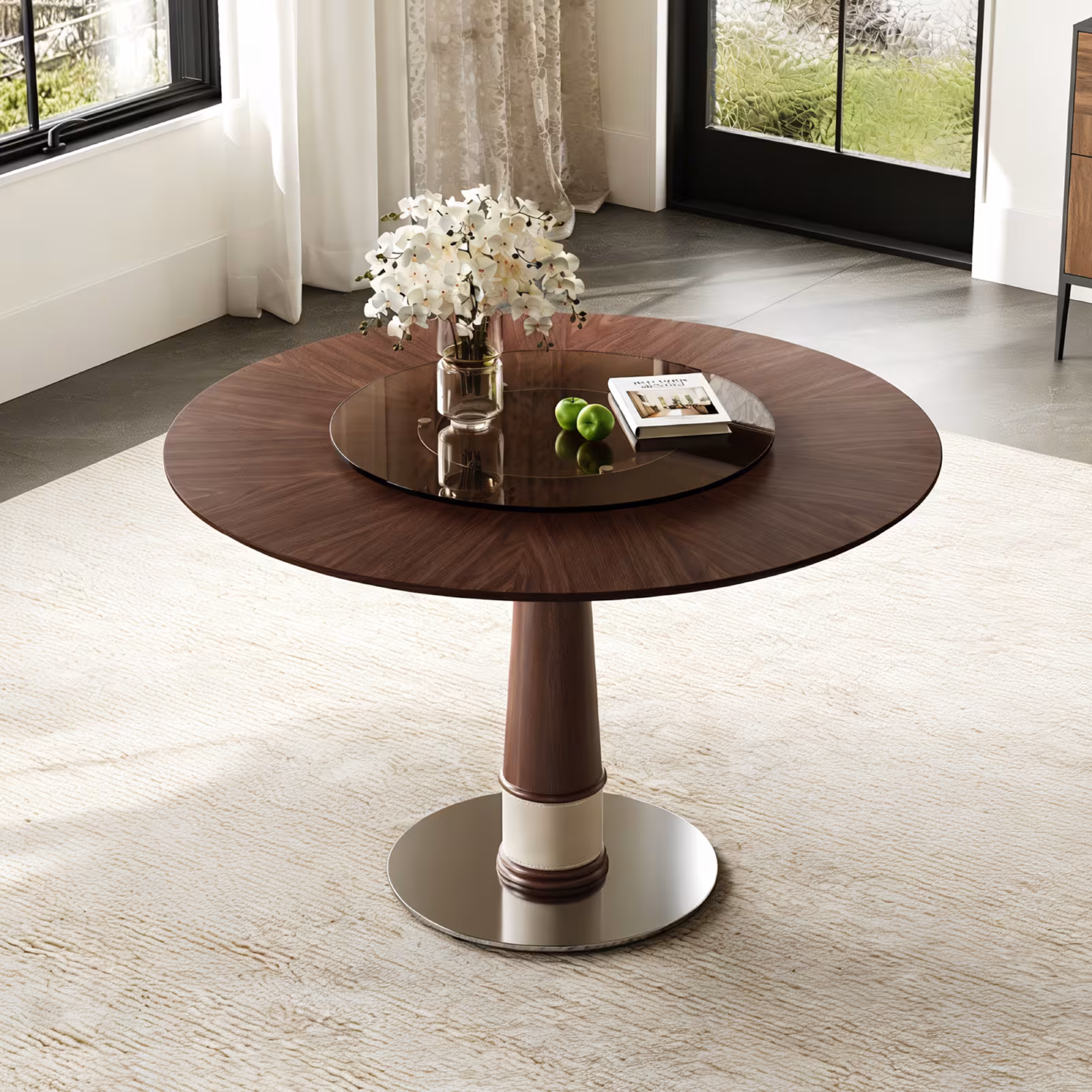47 Inch Solid Wood Dining Table With 23 Inch Tempered Glass Lazy Susan Stainless Steel Base Round Kitchen Table Retro Fashion Home Restaurant Office Table