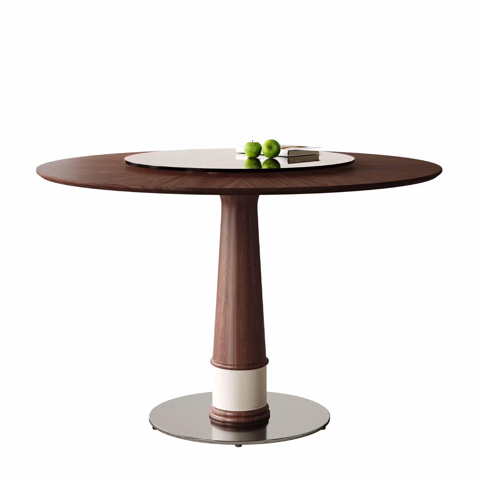 47 Inch Solid Wood Dining Table With 23 Inch Tempered Glass Lazy Susan Stainless Steel Base Round Kitchen Table Retro Fashion Home Restaurant Office Table