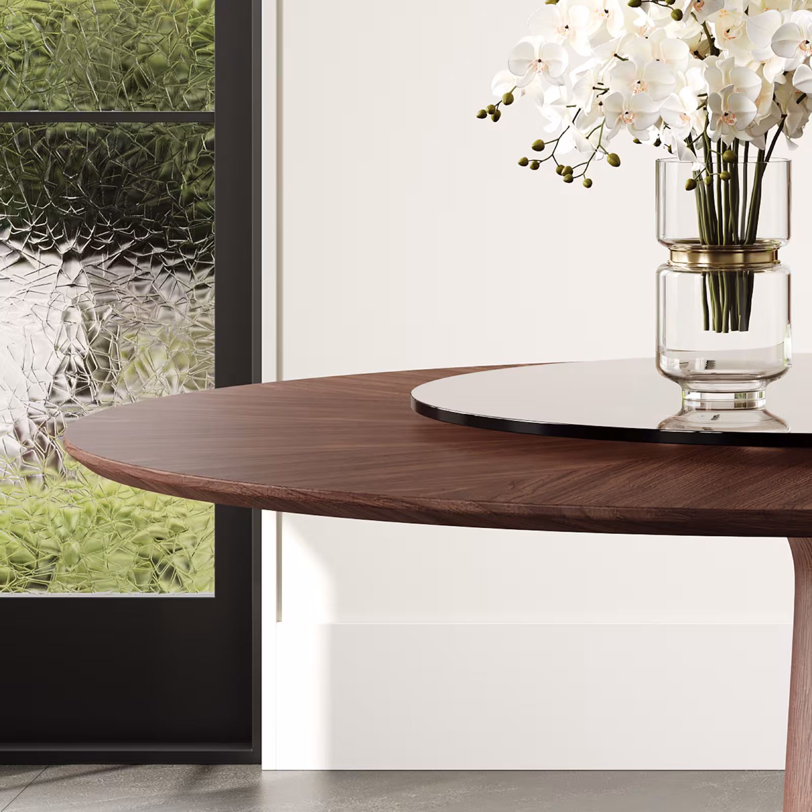 47 Inch Solid Wood Dining Table With 23 Inch Tempered Glass Lazy Susan Stainless Steel Base Round Kitchen Table Retro Fashion Home Restaurant Office Table