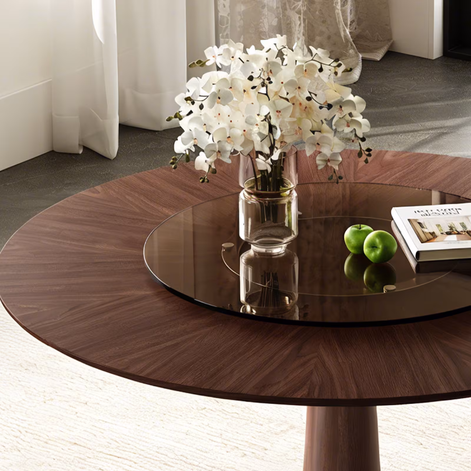 47 Inch Solid Wood Dining Table With 23 Inch Tempered Glass Lazy Susan Stainless Steel Base Round Kitchen Table Retro Fashion Home Restaurant Office Table