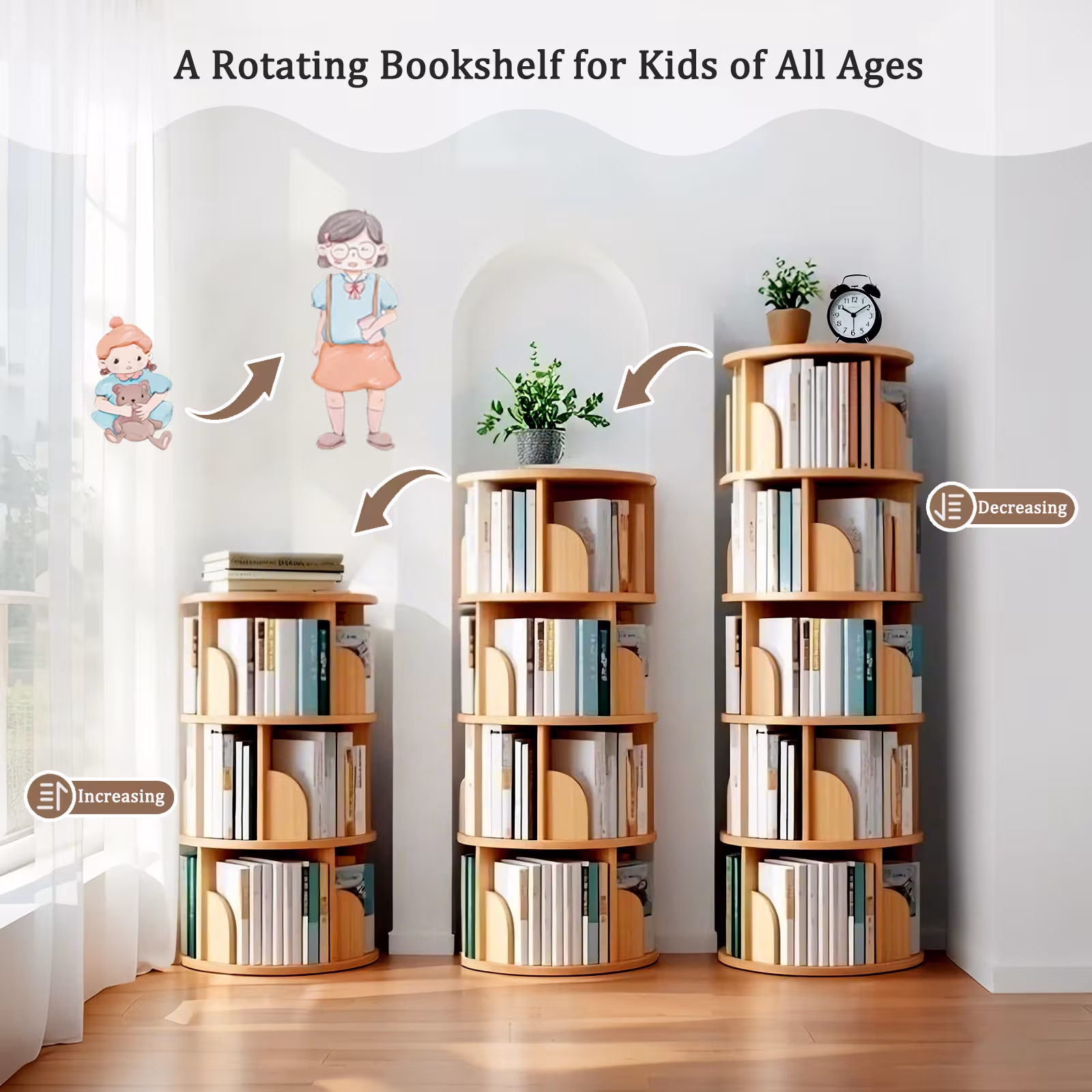 5 Tier Rotating Bookshelf, 360 Display Round Spinning Bookshelf, Space-Saving, Small Space Rotating Bookshelf Tower For Bedroom, Living Room, Home, Office, Wood Color
