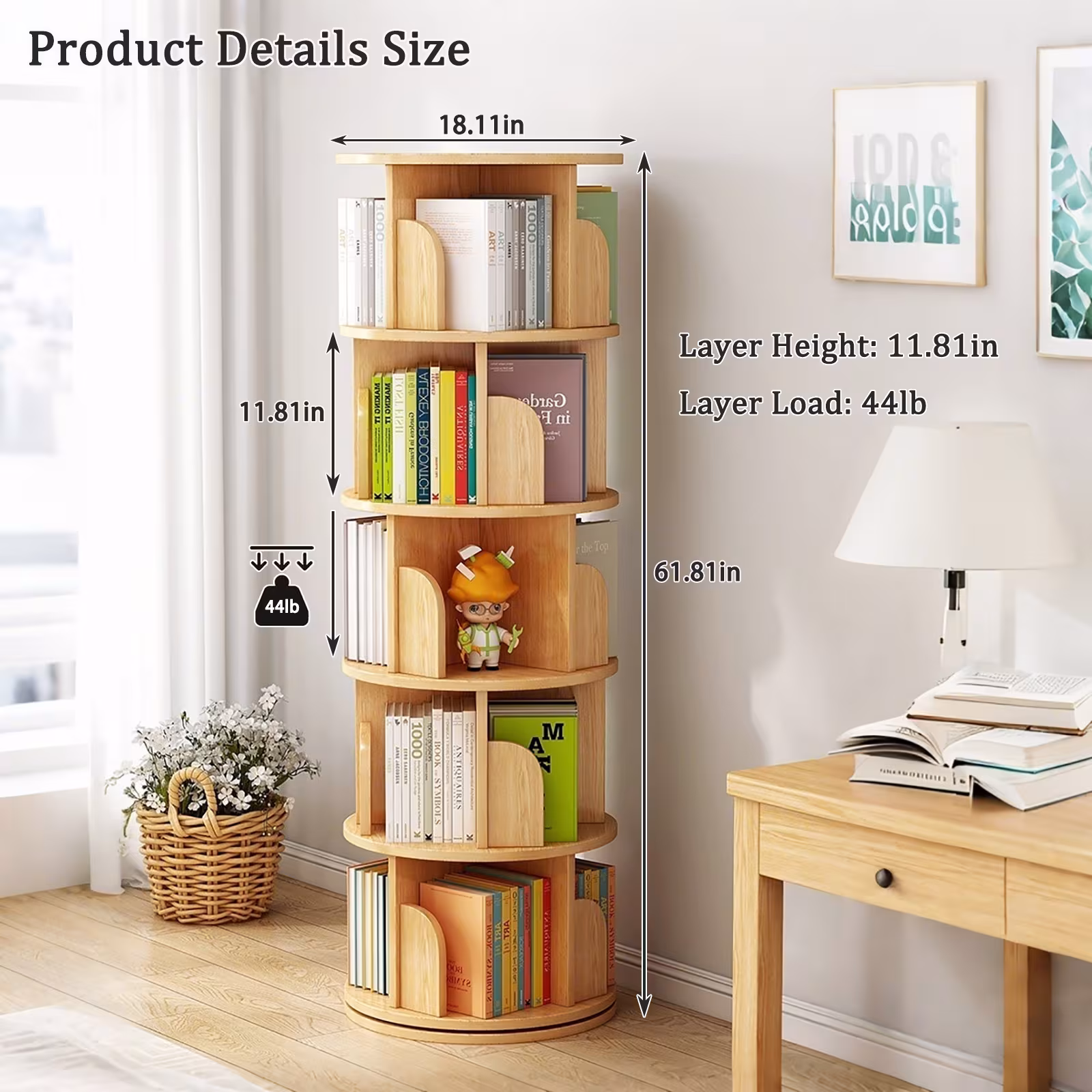 5 Tier Rotating Bookshelf, 360 Display Round Spinning Bookshelf, Space-Saving, Small Space Rotating Bookshelf Tower For Bedroom, Living Room, Home, Office, Wood Color