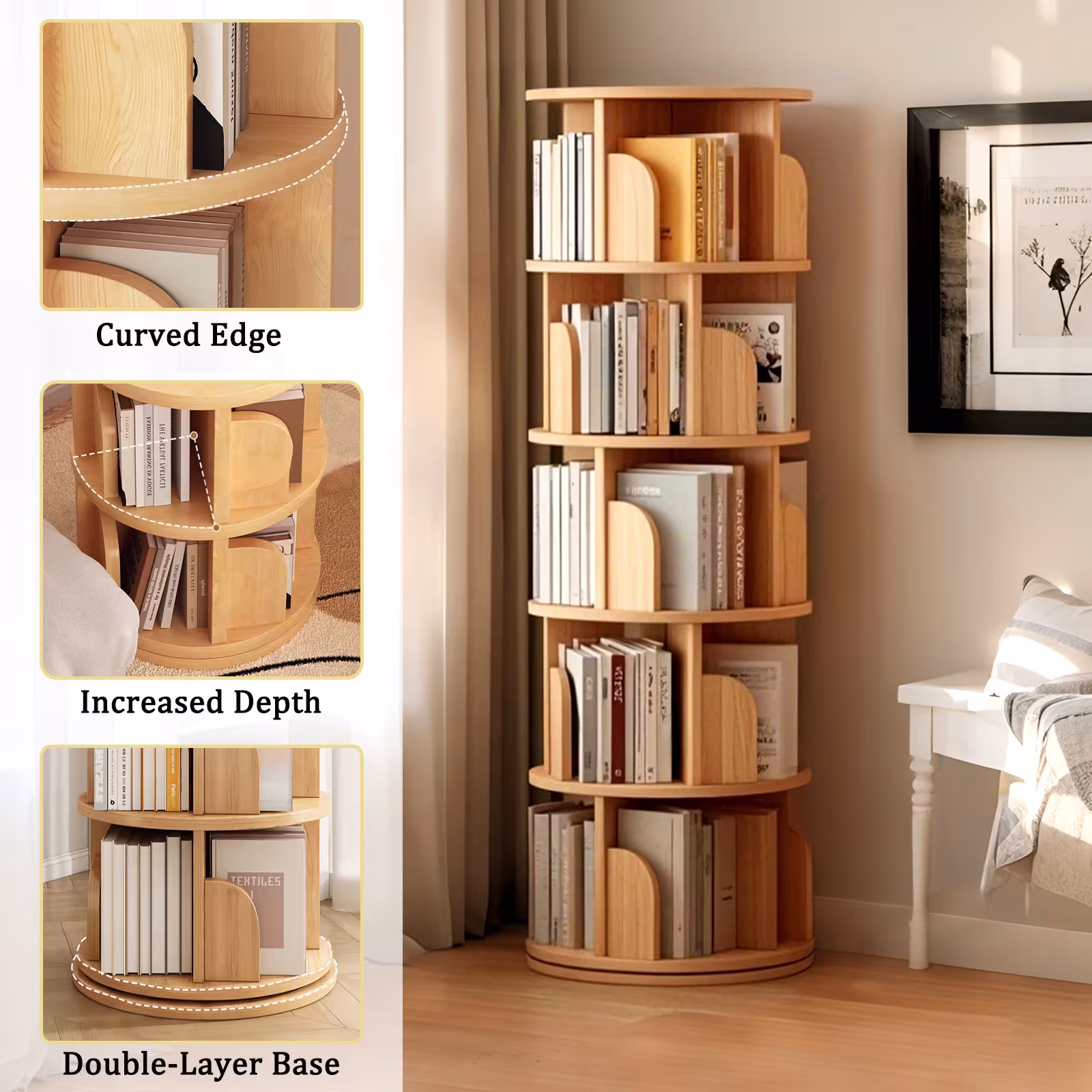 5 Tier Rotating Bookshelf, 360 Display Round Spinning Bookshelf, Space-Saving, Small Space Rotating Bookshelf Tower For Bedroom, Living Room, Home, Office, Wood Color