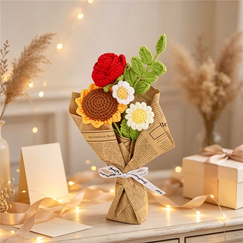 Knitted Sunflower Rose Flower Bouquet , Handmade Forever Floral Gift For Women Home Decor