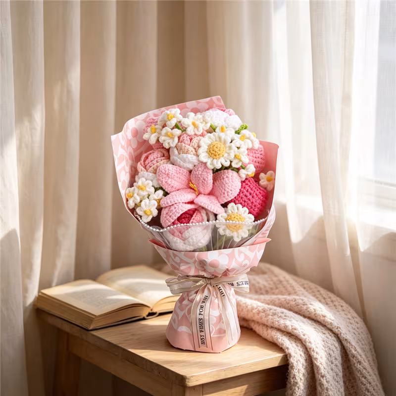 Handmade Crochet Pink Mixed Flower Bouquet, Knitted Yarn Everlasting Artificial Flowers, Pink Wrapped Floral Gift For Birthday, Mother's Day, Anniversary, Wedding & Home Table Decoration