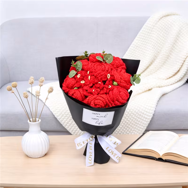 Hand-crocheted Red Rose Bouquet Paired With Eucalyptus Preserved Wool Flowers, Eleg In Black Luxurious Wrapping For A Romantic Floral Gift.