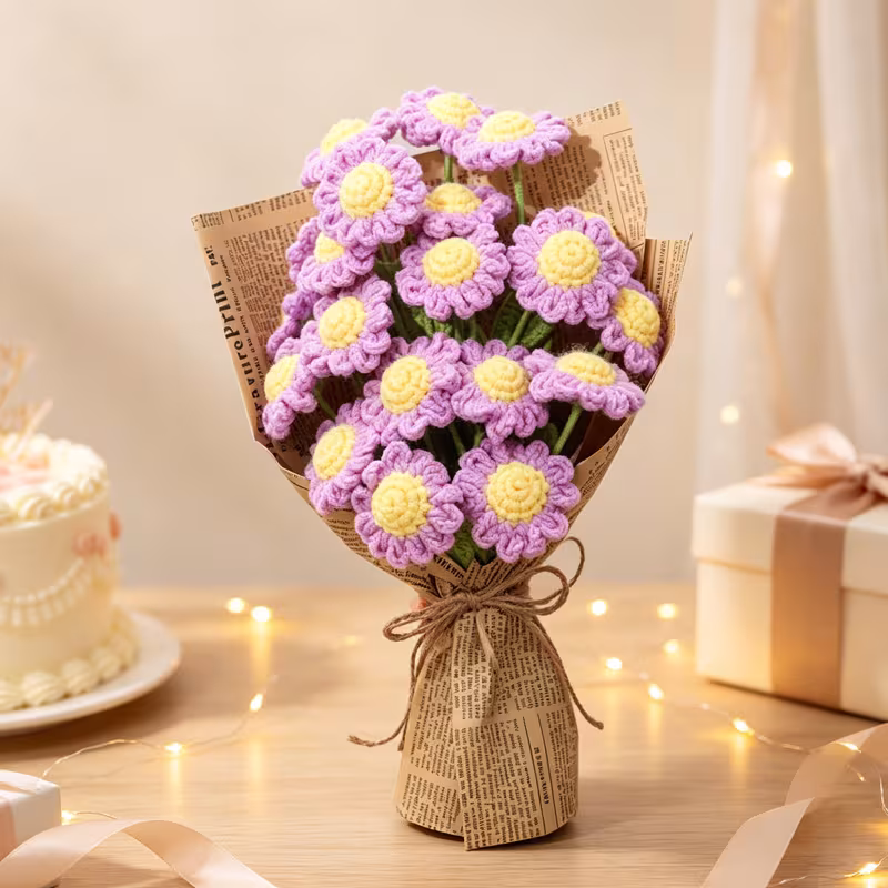 Handmade Crochet Lavender Purple Bouquet, Everlasting Knitted Yarn Flowers, Vintage Newspaper Wrapped Rustic Floral Keepsake For Home Desktop Decor