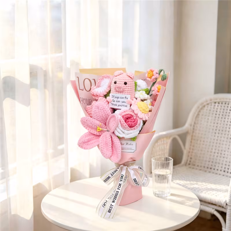 Handmade Crochet Flower Bouquet Featuring Cute Pig Doll Alongside Roses And Lilies, Soft Yarn Everlasting Knitted Bouquet, Indoor Home Decor Ornament