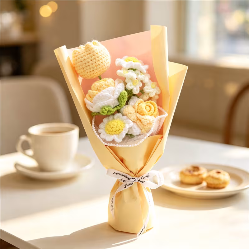 Handmade Crocheted Flower Bouquet, Pale Yellow Tulips And Roses Paired With Daisies, Soft Yarn Everlasting Knitted Bouquet, Indoor Home Decorative Ornament