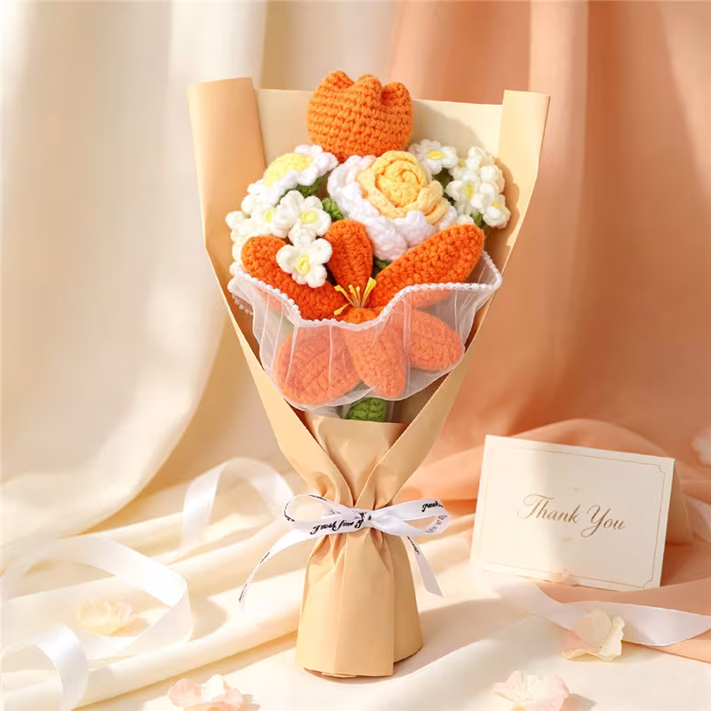 Handmade Crocheted Flower Bouquet, Orange Tulips And Lilies Matched With Roses And Tiny White Blossoms, Soft Yarn Everlasting Knitted Bouquet, Indoor Home Decorative Ornament