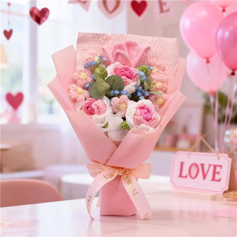 Handmade Knitted Crochet Bouquet, Pink Rose Tulip With Forget Me Not, Everlasting Artificial Yarn Flowers For Home Table Decor And Gift