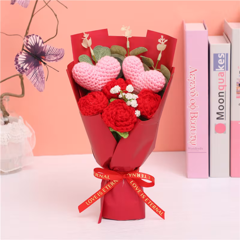 Handmade Crocheted Flower Bouquet, Heart Ornaments Matched With Red Roses And Baby's Breath, Soft Yarn Everlasting Knitted Bouquet, Indoor Home Decorative Ornament