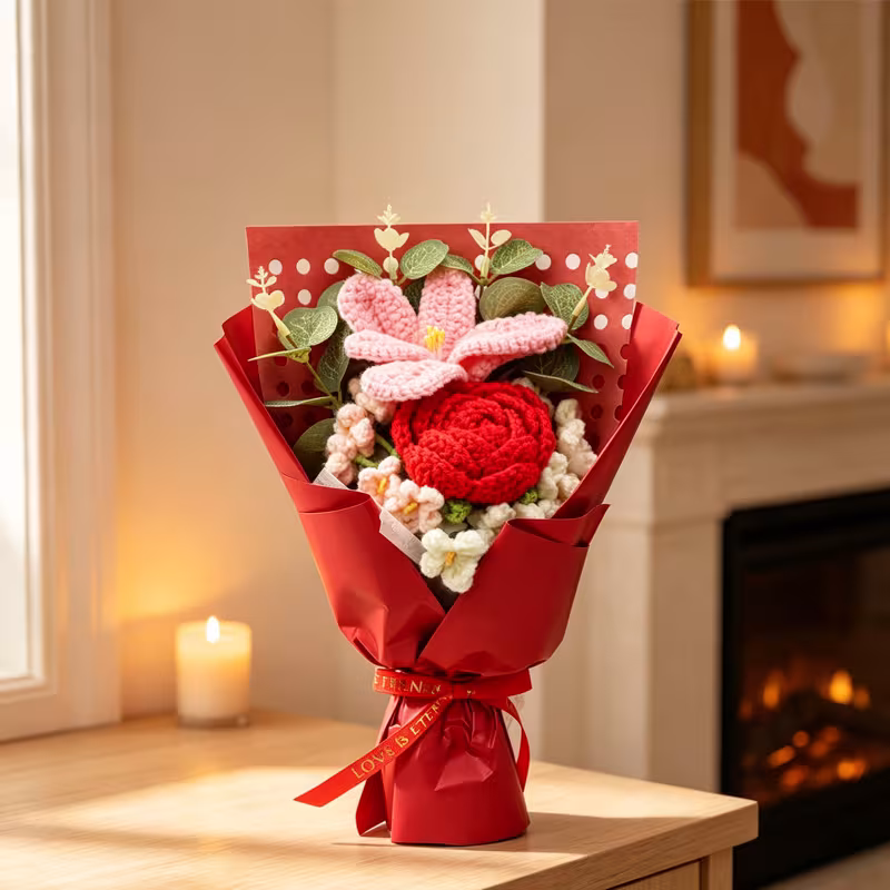Handmade Crochet Knitted Bouquet, Red Rose & Pink Lily Everlasting Yarn Flowers, Romantic Floral Gift For Home Decor And Festivals