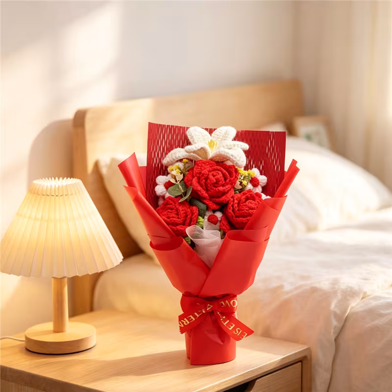 Handmade Crochet Bouquet, Red Roses & White Lily Everlasting Yarn Flowers, Romantic Eternal Floral Arrangement For Gifts Or Home Decoration