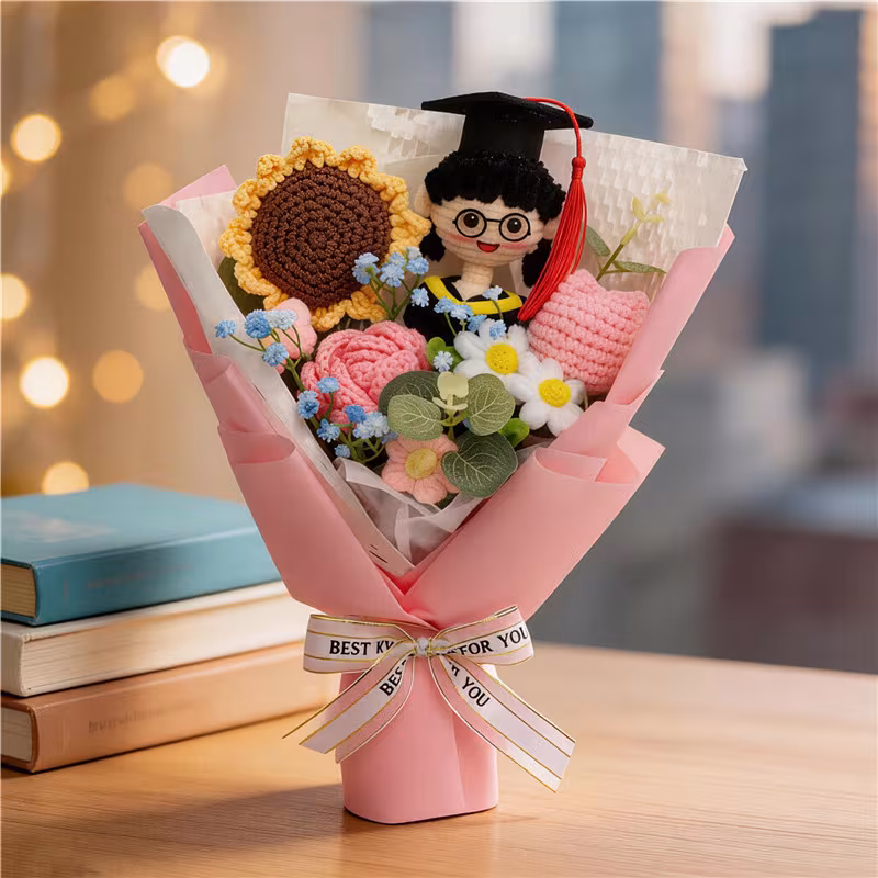 Graduation Hand Crochet Flower Bouquet , Knitted Roses & Sunflowers With Graduate Doll, Eternal Yarn Flower Gift For Graduation Presents Or Home Decor