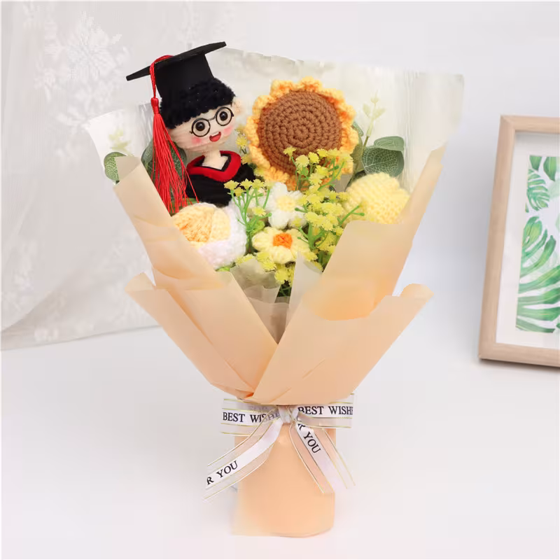 Handmade Crocheted Flower Bouquet, Graduate Figurine Paired With Crochet Sunflower Blossoms, Soft Yarn Everlasting Crochet Bouquet, Indoor Home Decorative Ornament